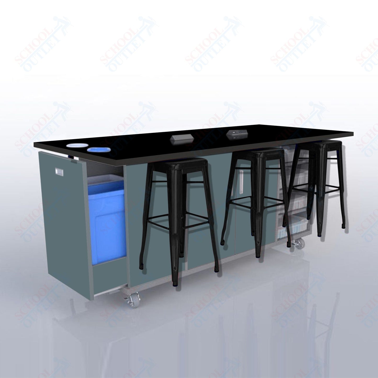 CEF ED Original Table 42"H High Pressure Laminate Top, Laminate Base with  6 Stools, Storage Bins, Trash Bins, and Electrical Outlets Included.
