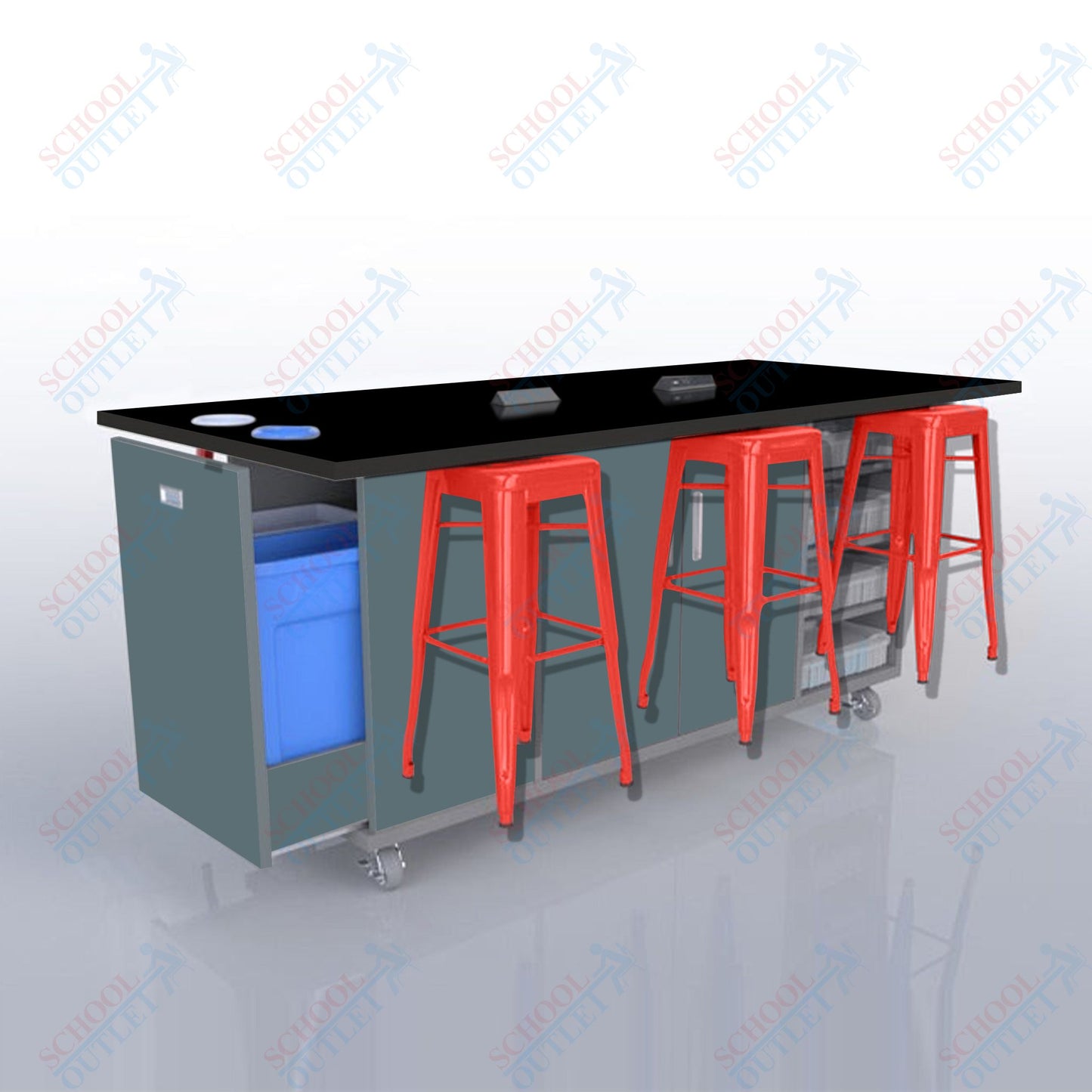 CEF ED Original Table 42"H High Pressure Laminate Top, Laminate Base with  6 Stools, Storage Bins, Trash Bins, and Electrical Outlets Included.