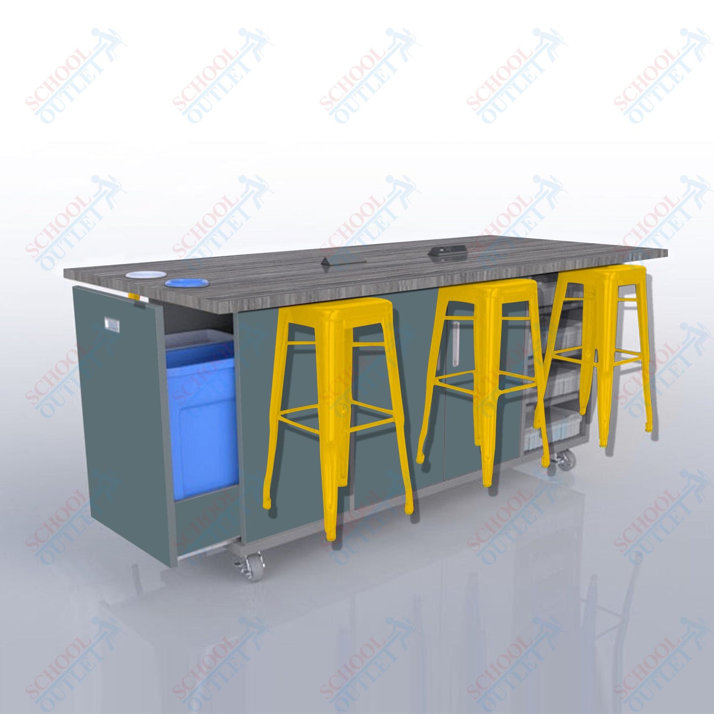 CEF ED Original Table 42"H High Pressure Laminate Top, Laminate Base with  6 Stools, Storage Bins, Trash Bins, and Electrical Outlets Included.