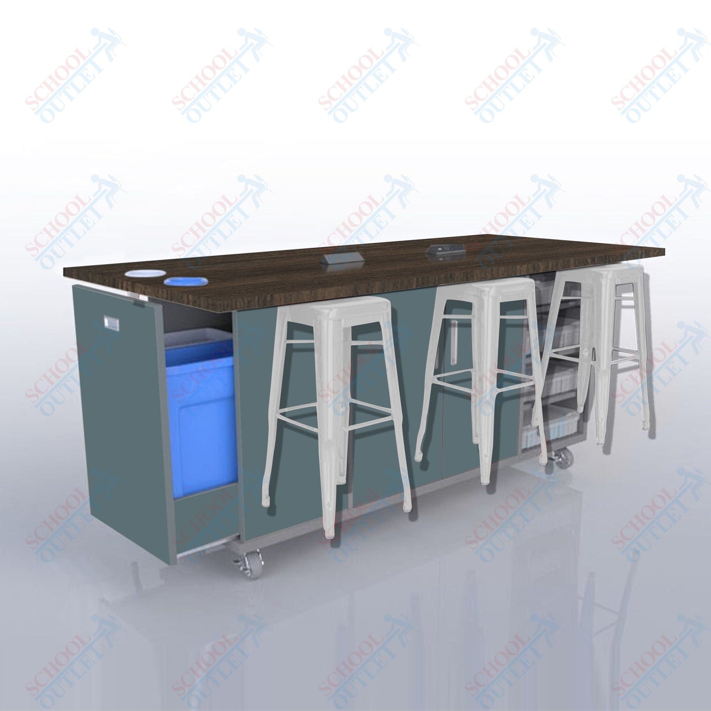CEF ED Original Table 42"H High Pressure Laminate Top, Laminate Base with  6 Stools, Storage Bins, Trash Bins, and Electrical Outlets Included.