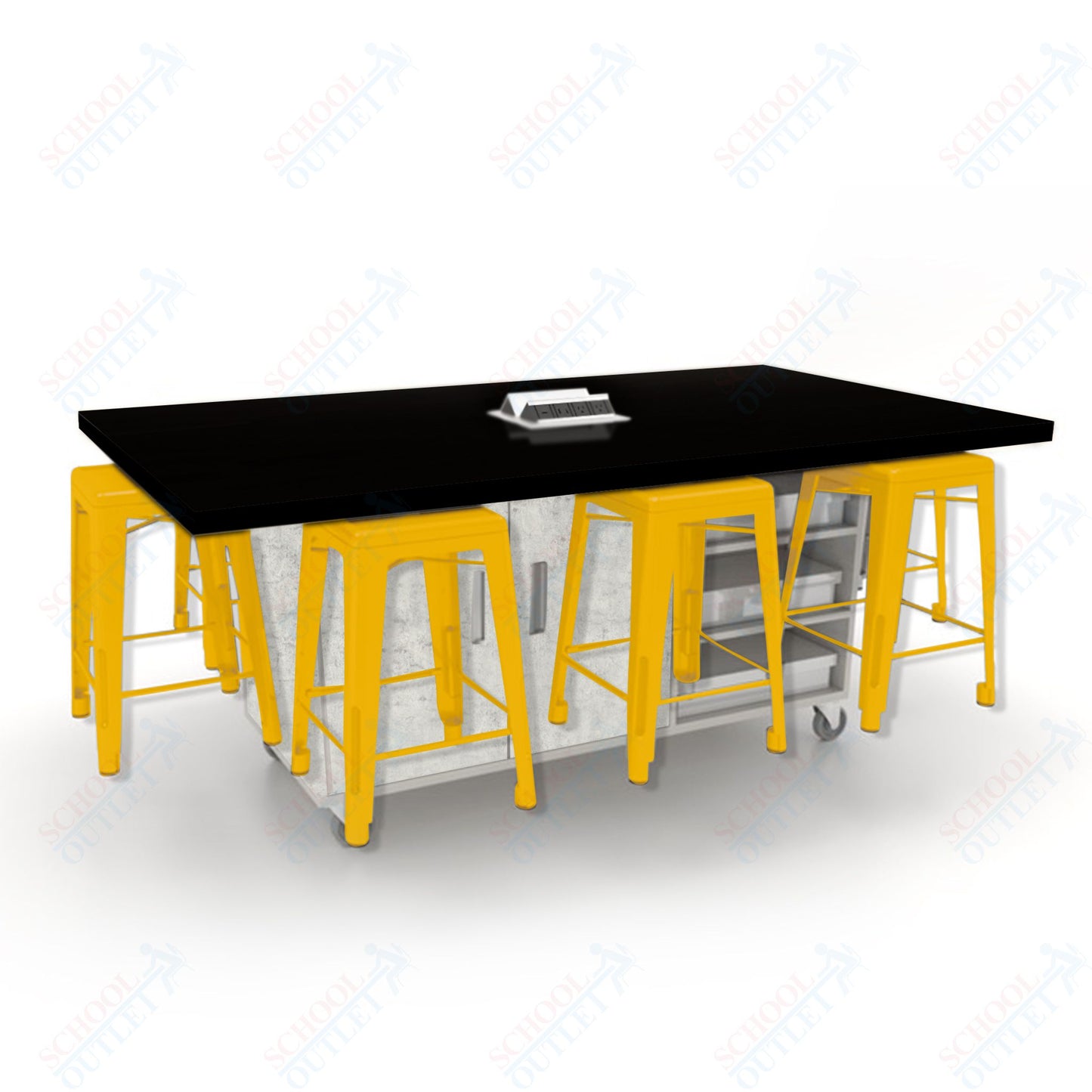 CEF ED8 Table 36"H High Pressure Laminate Top, Laminate Base with  8 Stools, Storage bins, and Electrical Outlets Included.