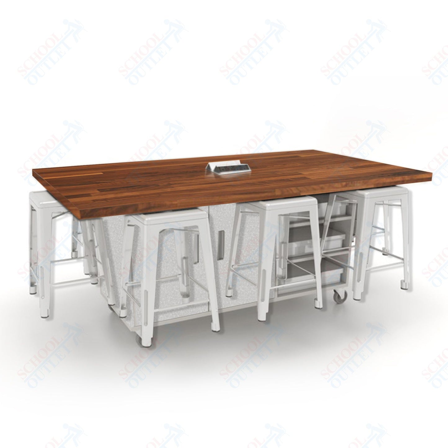 CEF ED8 Table 36"H Butcher Block Top, Laminate Base with 8 Stools, Storage bins, and Electrical Outlets Included.