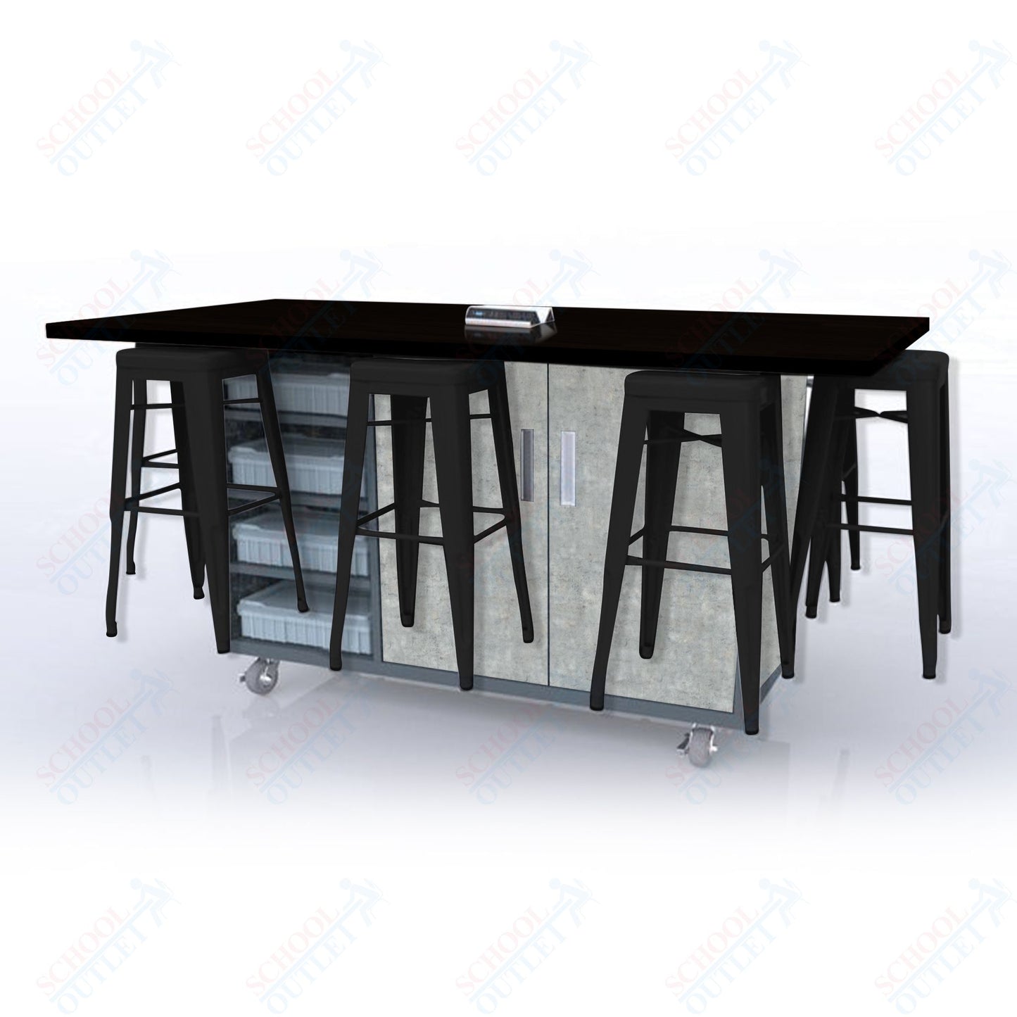 CEF ED8 Table 42"H High Pressure Laminate Top, Laminate Base with  8 Stools, Storage bins, and Electrical Outlets Included.