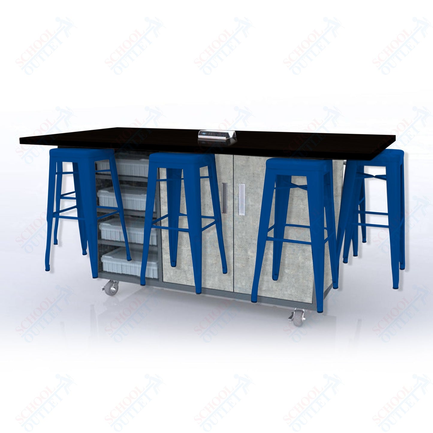 CEF ED8 Table 42"H High Pressure Laminate Top, Laminate Base with  8 Stools, Storage bins, and Electrical Outlets Included.