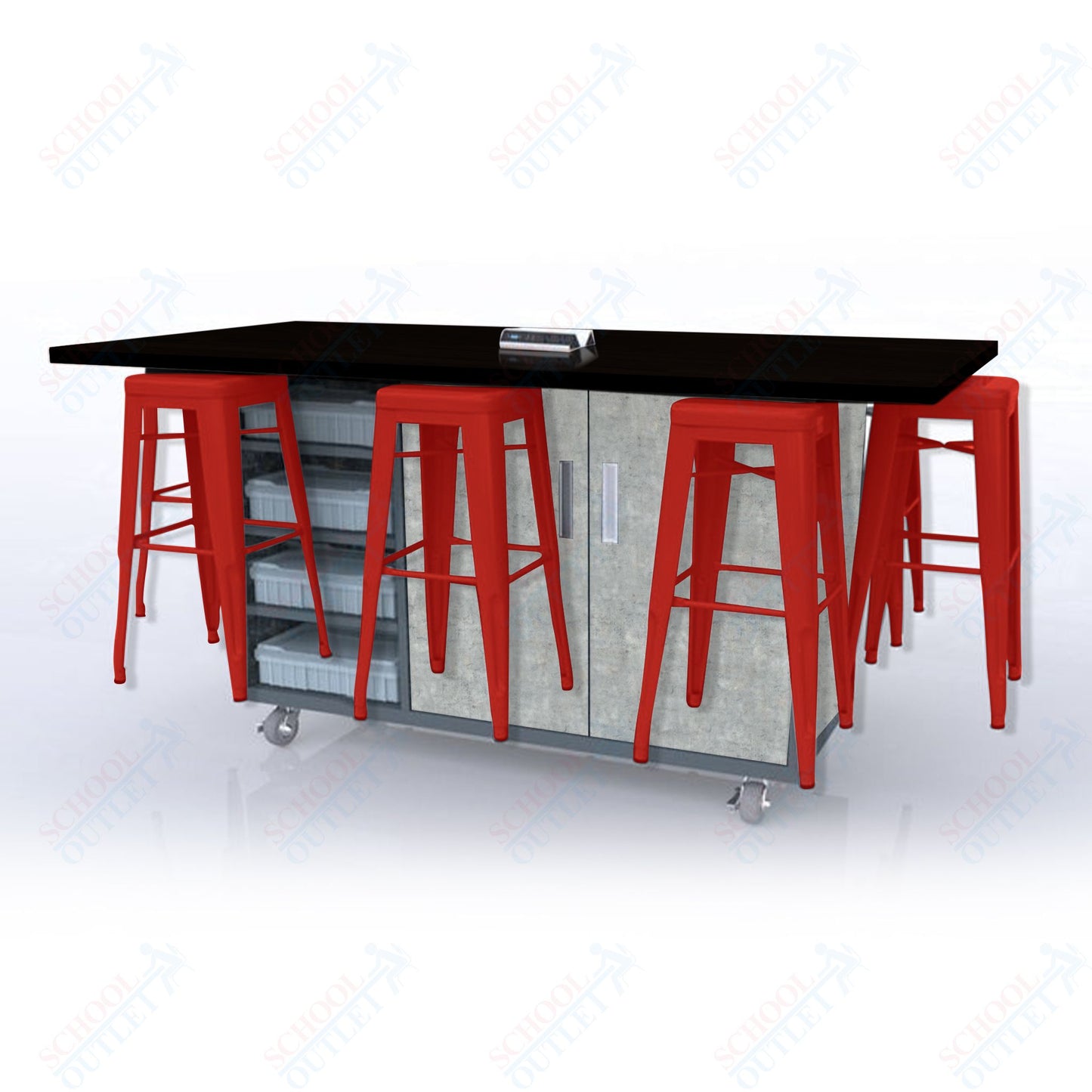 CEF ED8 Table 42"H High Pressure Laminate Top, Laminate Base with  8 Stools, Storage bins, and Electrical Outlets Included.