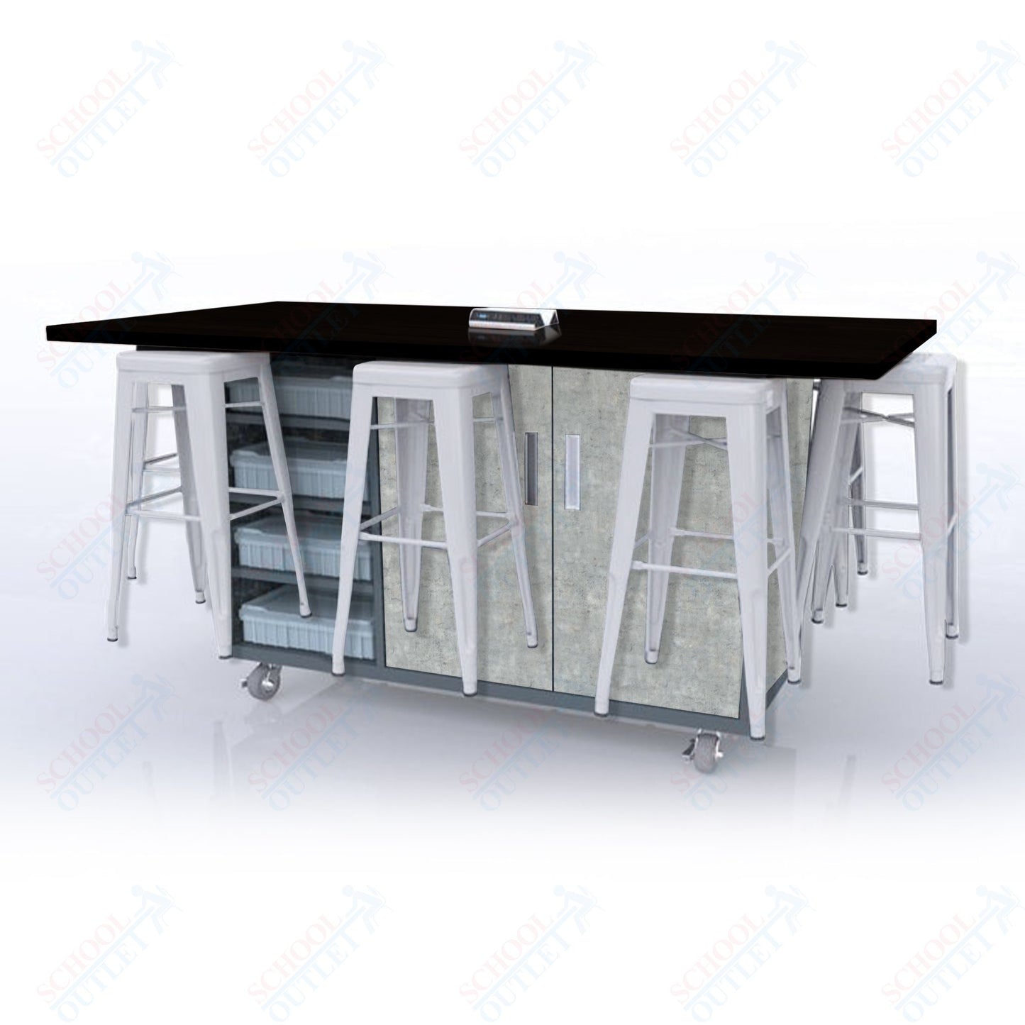 CEF ED8 Table 42"H High Pressure Laminate Top, Laminate Base with  8 Stools, Storage bins, and Electrical Outlets Included.