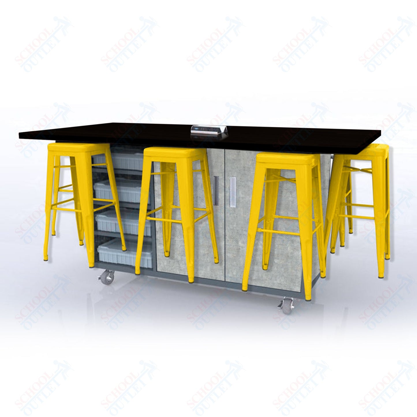 CEF ED8 Table 42"H High Pressure Laminate Top, Laminate Base with  8 Stools, Storage bins, and Electrical Outlets Included.