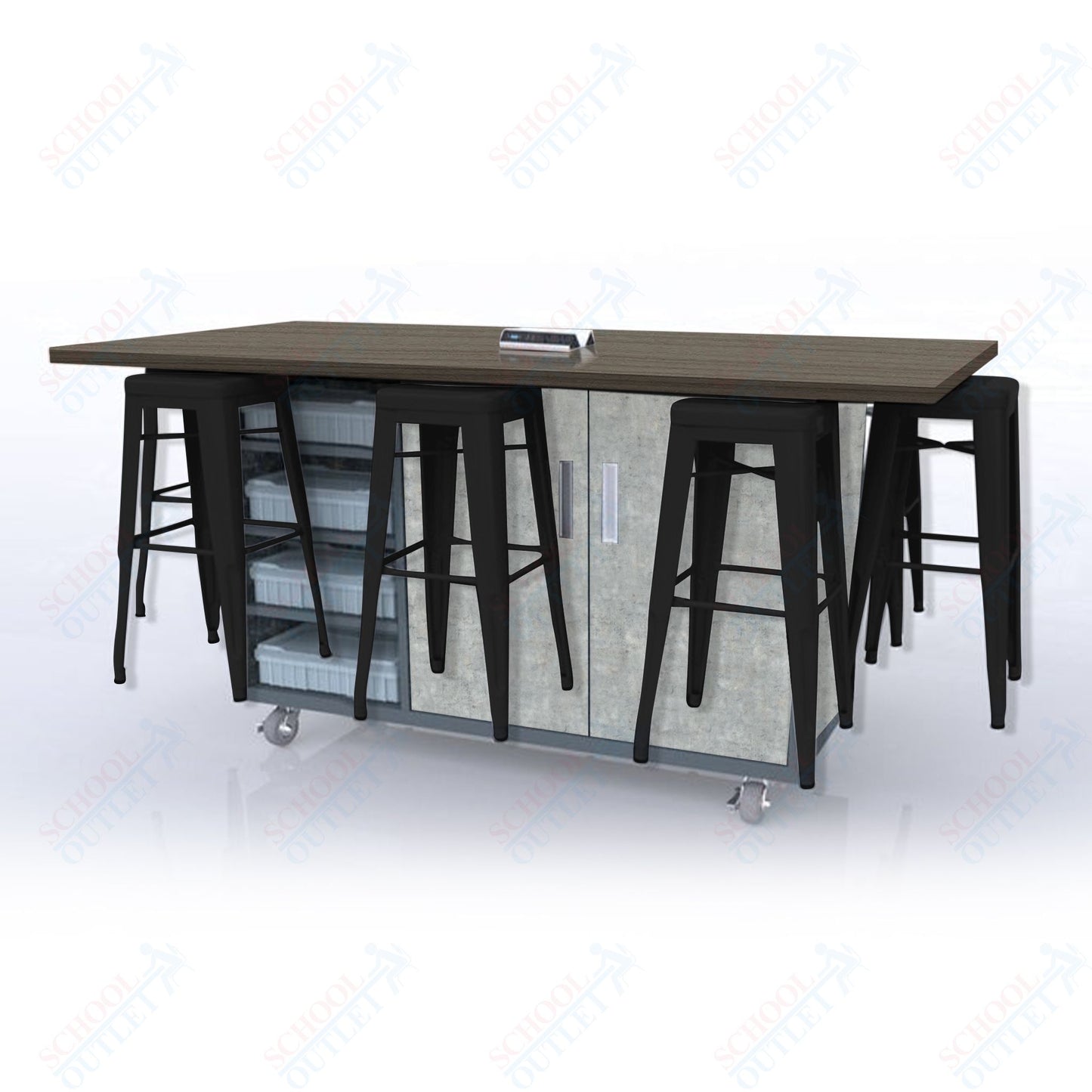 CEF ED8 Table 42"H High Pressure Laminate Top, Laminate Base with  8 Stools, Storage bins, and Electrical Outlets Included.