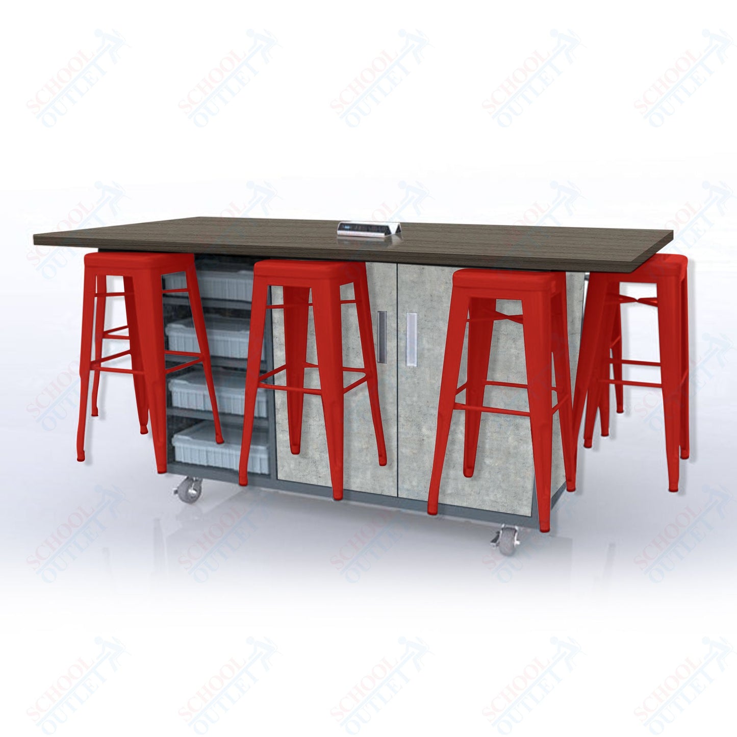 CEF ED8 Table 42"H High Pressure Laminate Top, Laminate Base with  8 Stools, Storage bins, and Electrical Outlets Included.