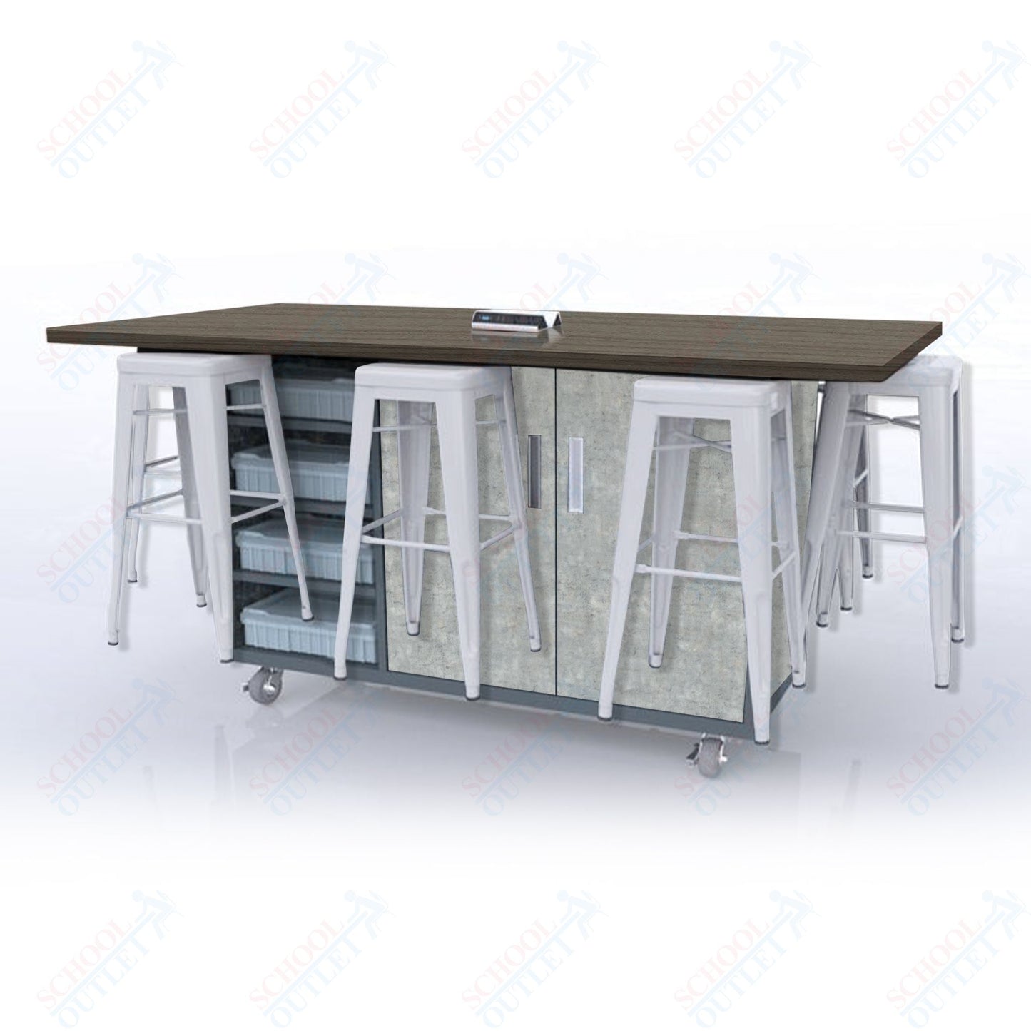 CEF ED8 Table 42"H High Pressure Laminate Top, Laminate Base with  8 Stools, Storage bins, and Electrical Outlets Included.