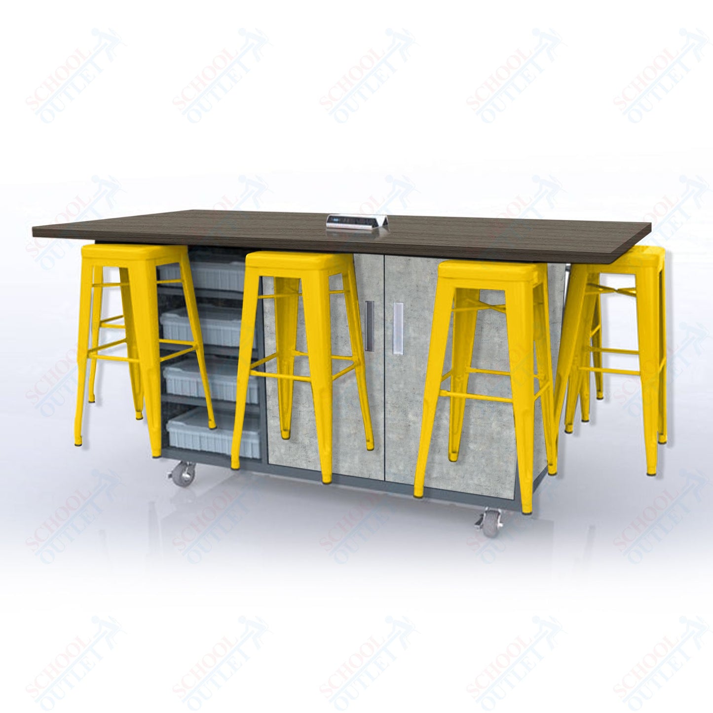 CEF ED8 Table 42"H High Pressure Laminate Top, Laminate Base with  8 Stools, Storage bins, and Electrical Outlets Included.