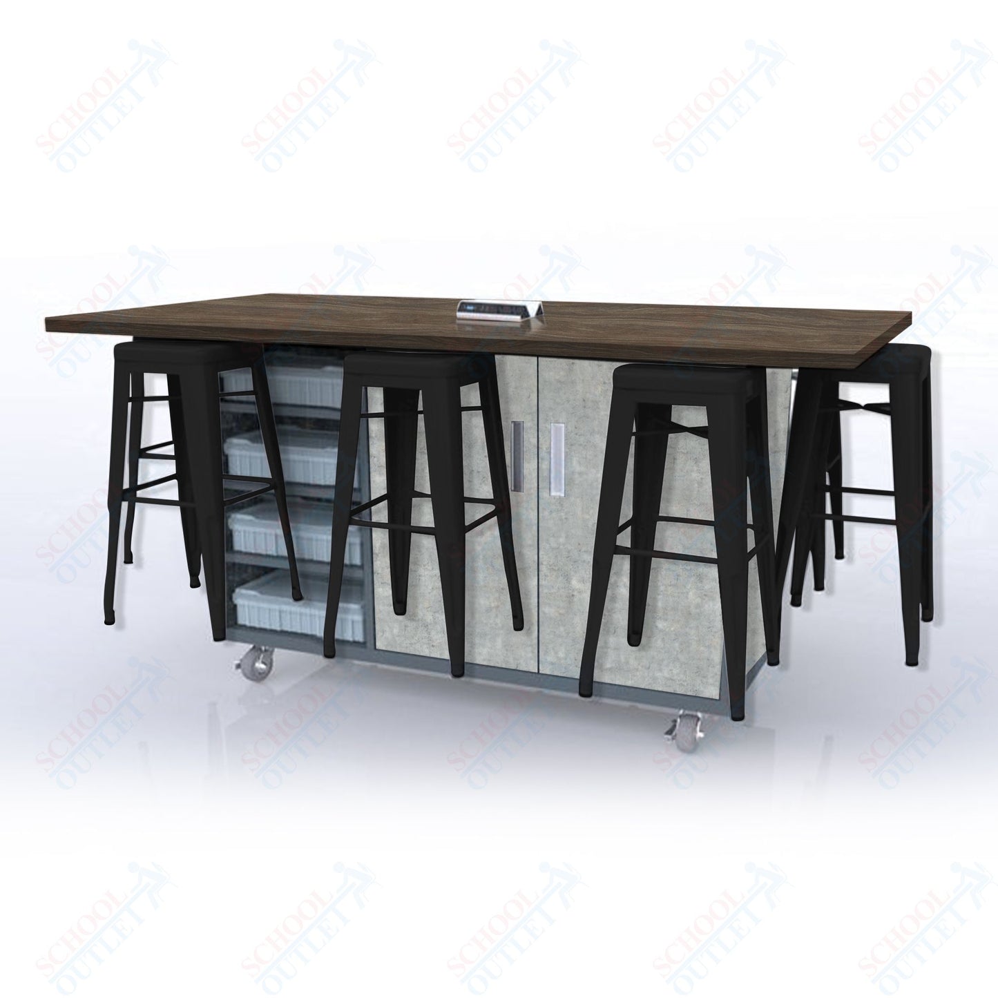 CEF ED8 Table 42"H High Pressure Laminate Top, Laminate Base with  8 Stools, Storage bins, and Electrical Outlets Included.