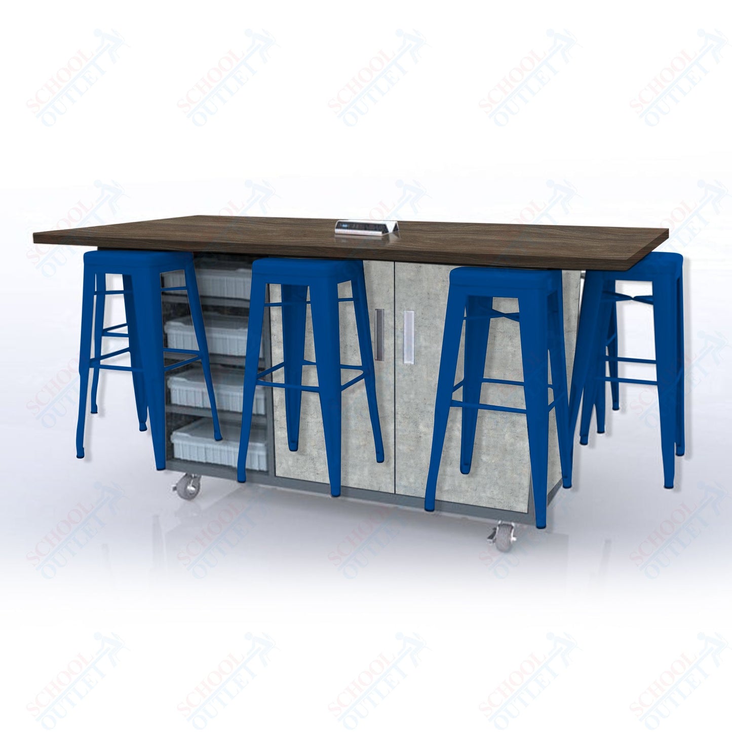 CEF ED8 Table 42"H High Pressure Laminate Top, Laminate Base with  8 Stools, Storage bins, and Electrical Outlets Included.