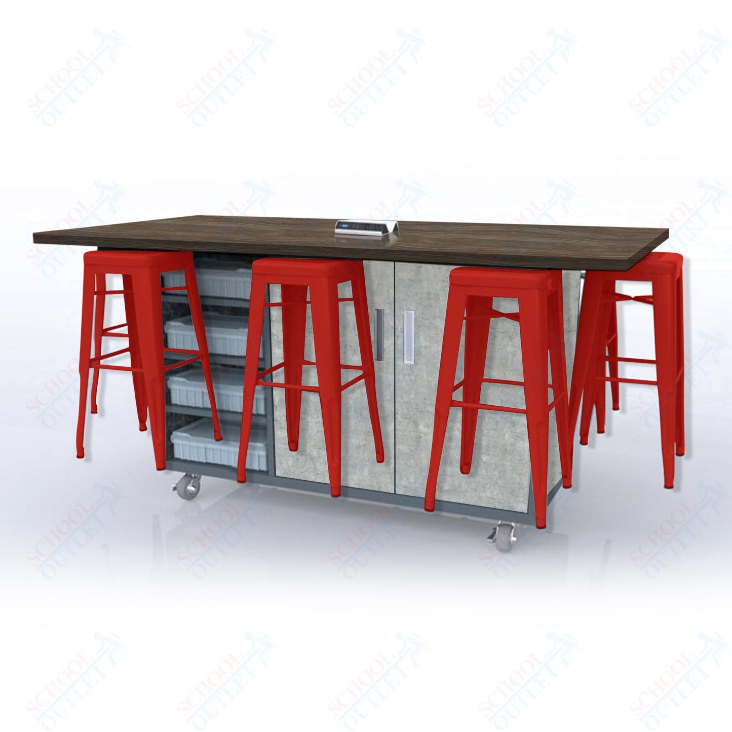 CEF ED8 Table 42"H High Pressure Laminate Top, Laminate Base with  8 Stools, Storage bins, and Electrical Outlets Included.