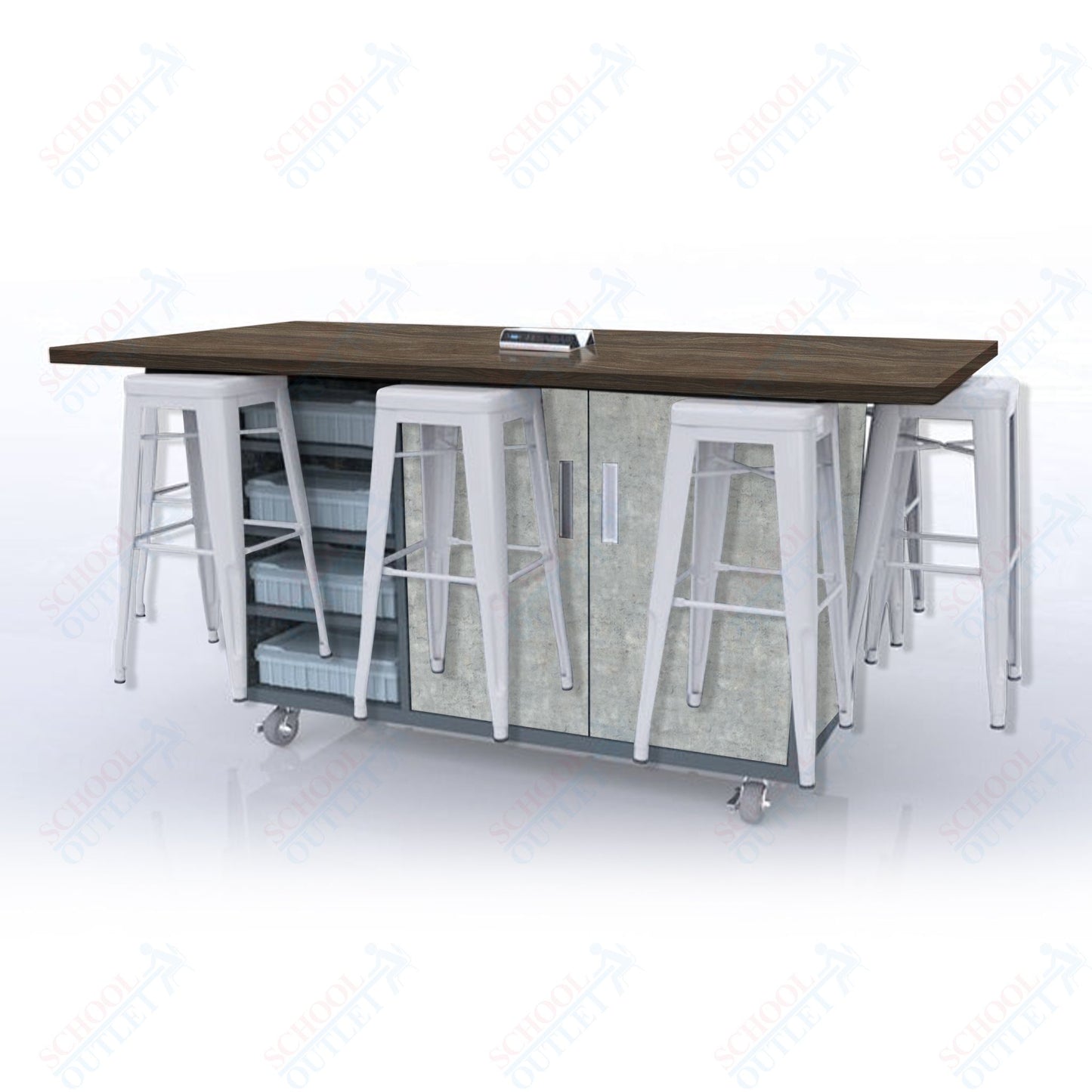 CEF ED8 Table 42"H High Pressure Laminate Top, Laminate Base with  8 Stools, Storage bins, and Electrical Outlets Included.