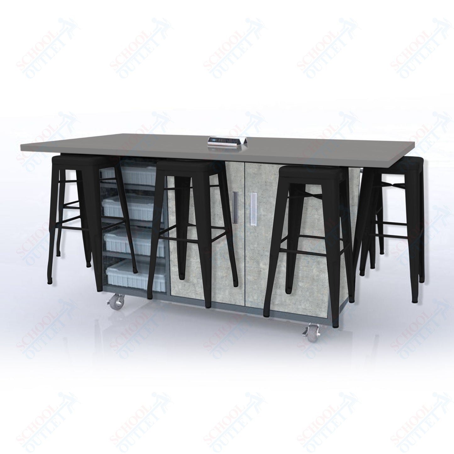 CEF ED8 Table 42"H High Pressure Laminate Top, Laminate Base with  8 Stools, Storage bins, and Electrical Outlets Included.
