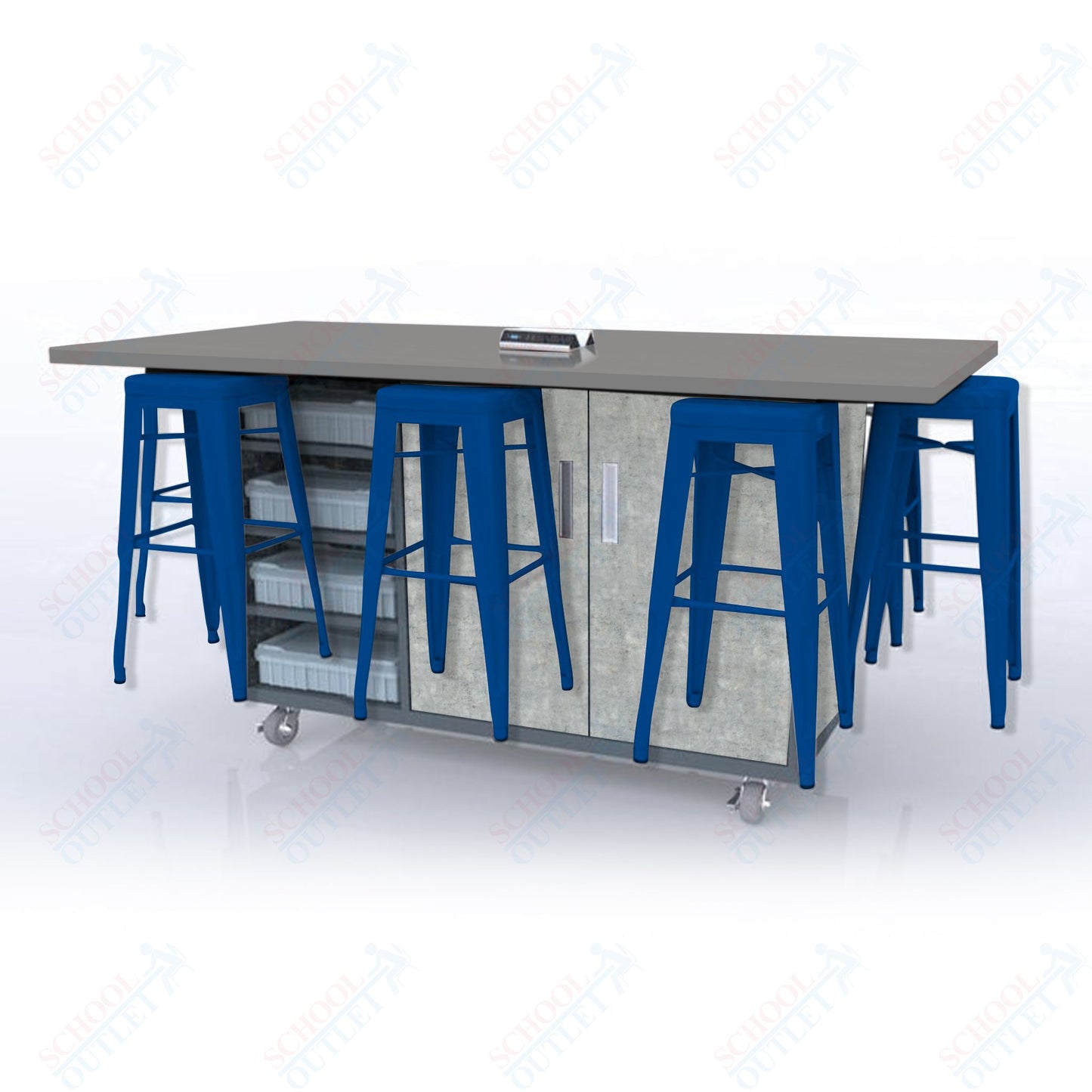 CEF ED8 Table 42"H High Pressure Laminate Top, Laminate Base with  8 Stools, Storage bins, and Electrical Outlets Included.