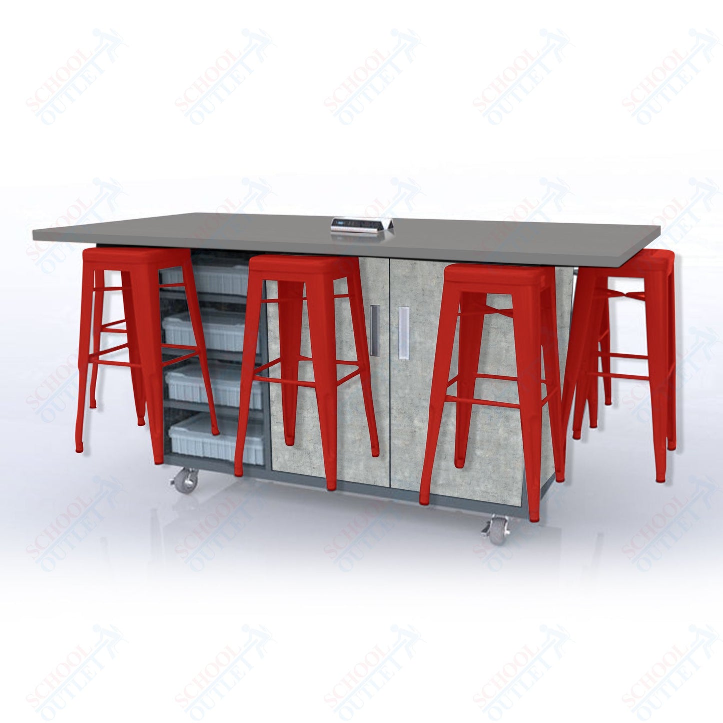 CEF ED8 Table 42"H High Pressure Laminate Top, Laminate Base with  8 Stools, Storage bins, and Electrical Outlets Included.