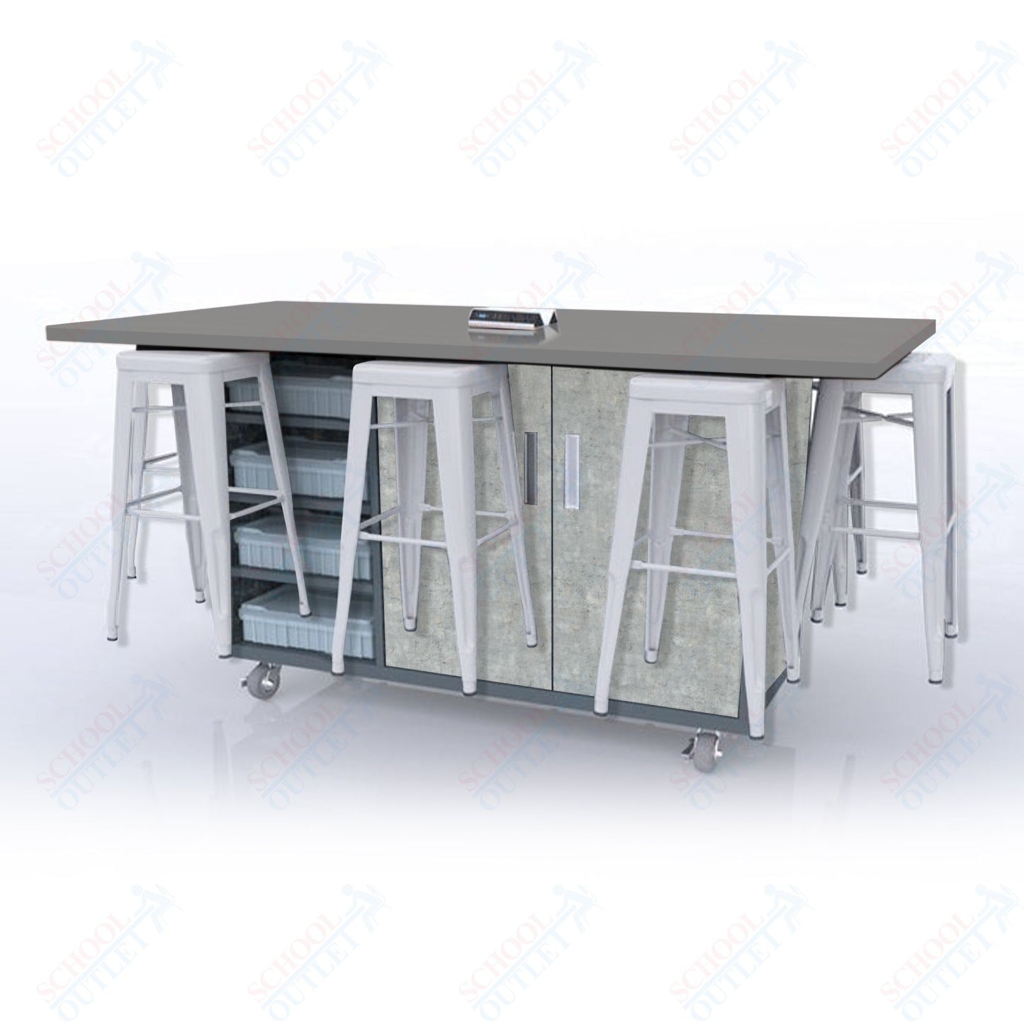 CEF ED8 Table 42"H High Pressure Laminate Top, Laminate Base with  8 Stools, Storage bins, and Electrical Outlets Included.