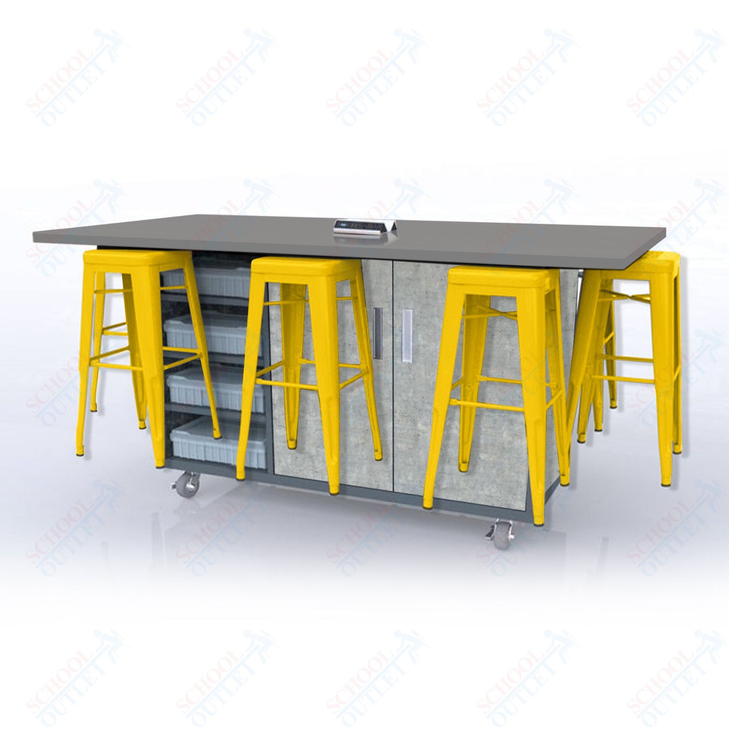 CEF ED8 Table 42"H High Pressure Laminate Top, Laminate Base with  8 Stools, Storage bins, and Electrical Outlets Included.
