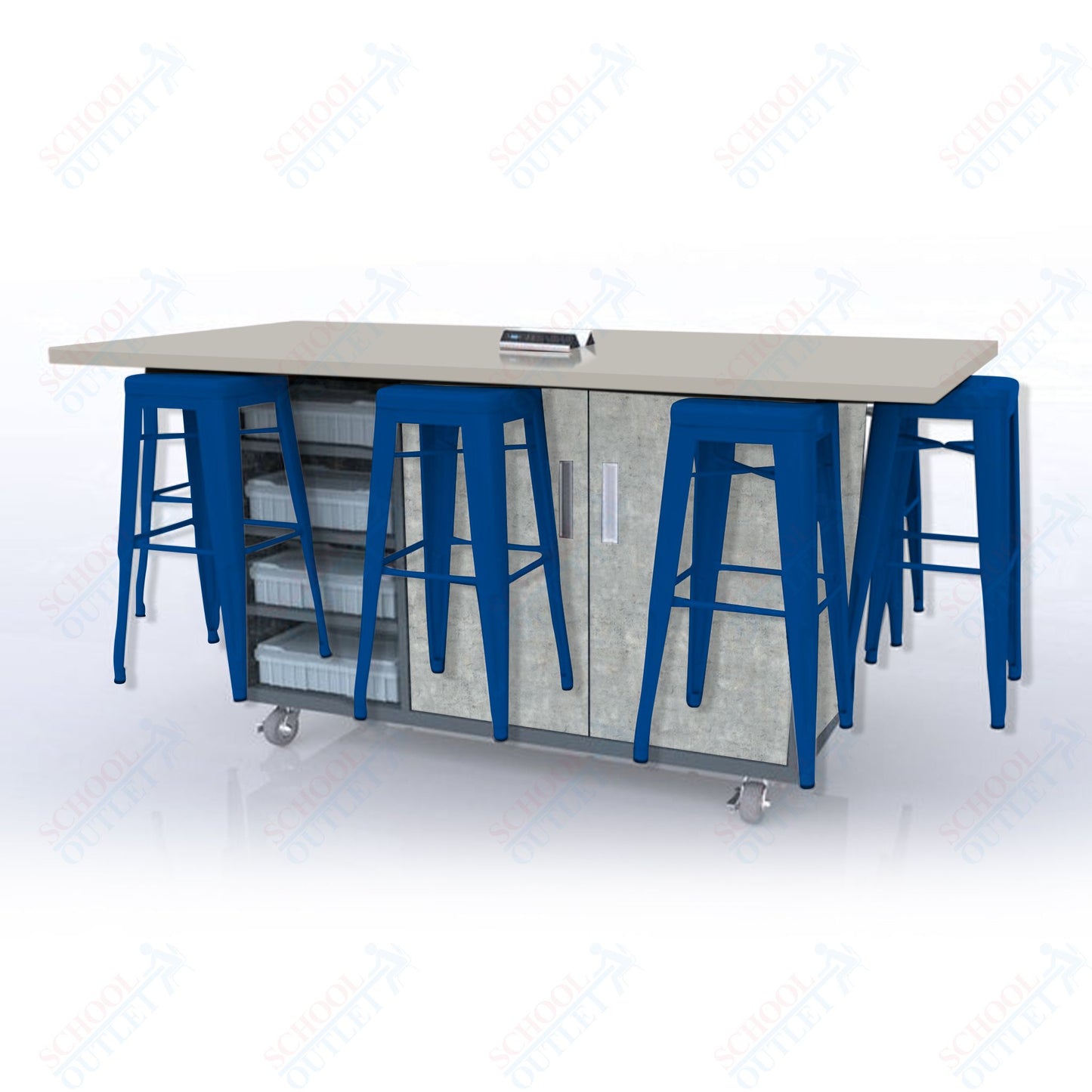 CEF ED8 Table 42"H High Pressure Laminate Top, Laminate Base with  8 Stools, Storage bins, and Electrical Outlets Included.