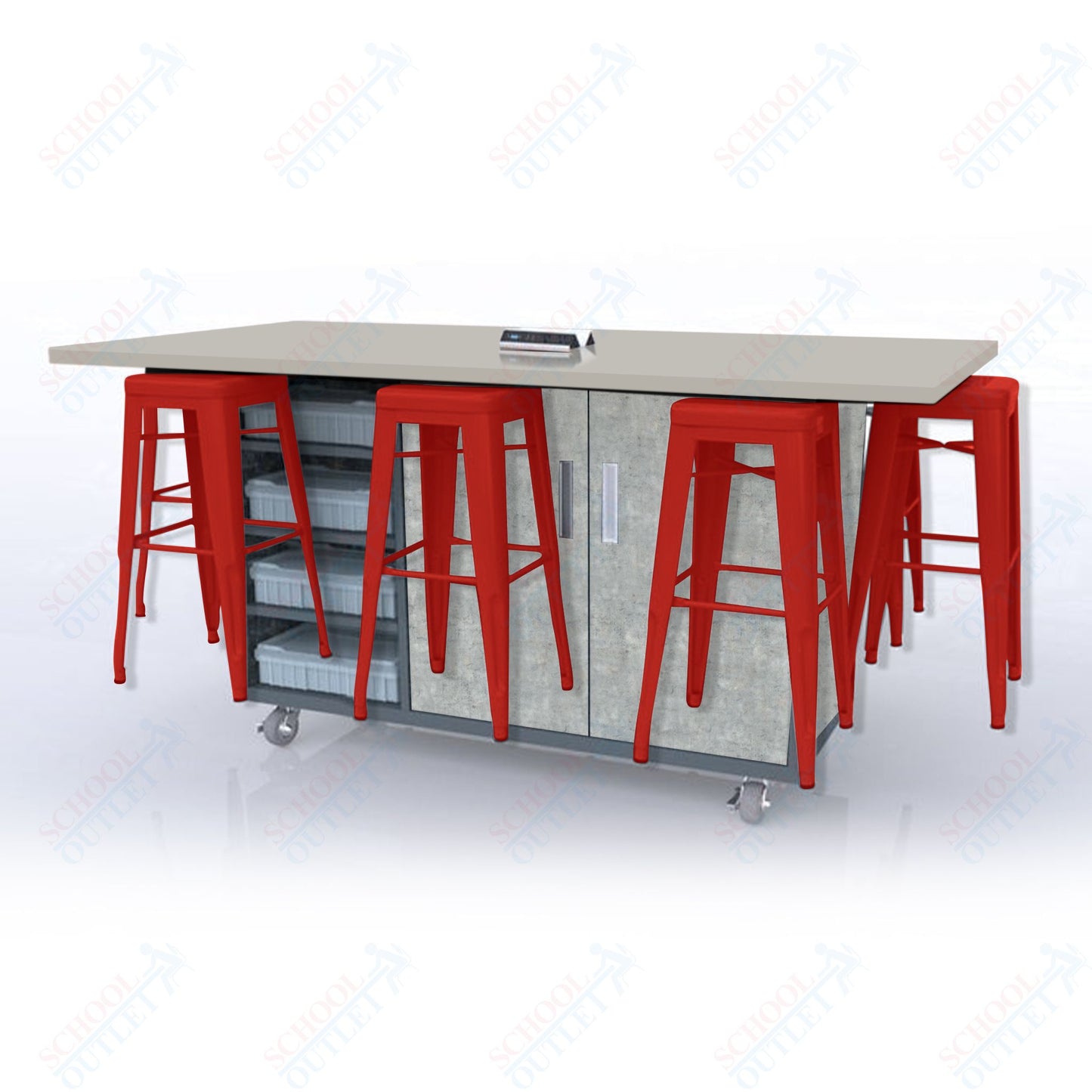 CEF ED8 Table 42"H High Pressure Laminate Top, Laminate Base with  8 Stools, Storage bins, and Electrical Outlets Included.