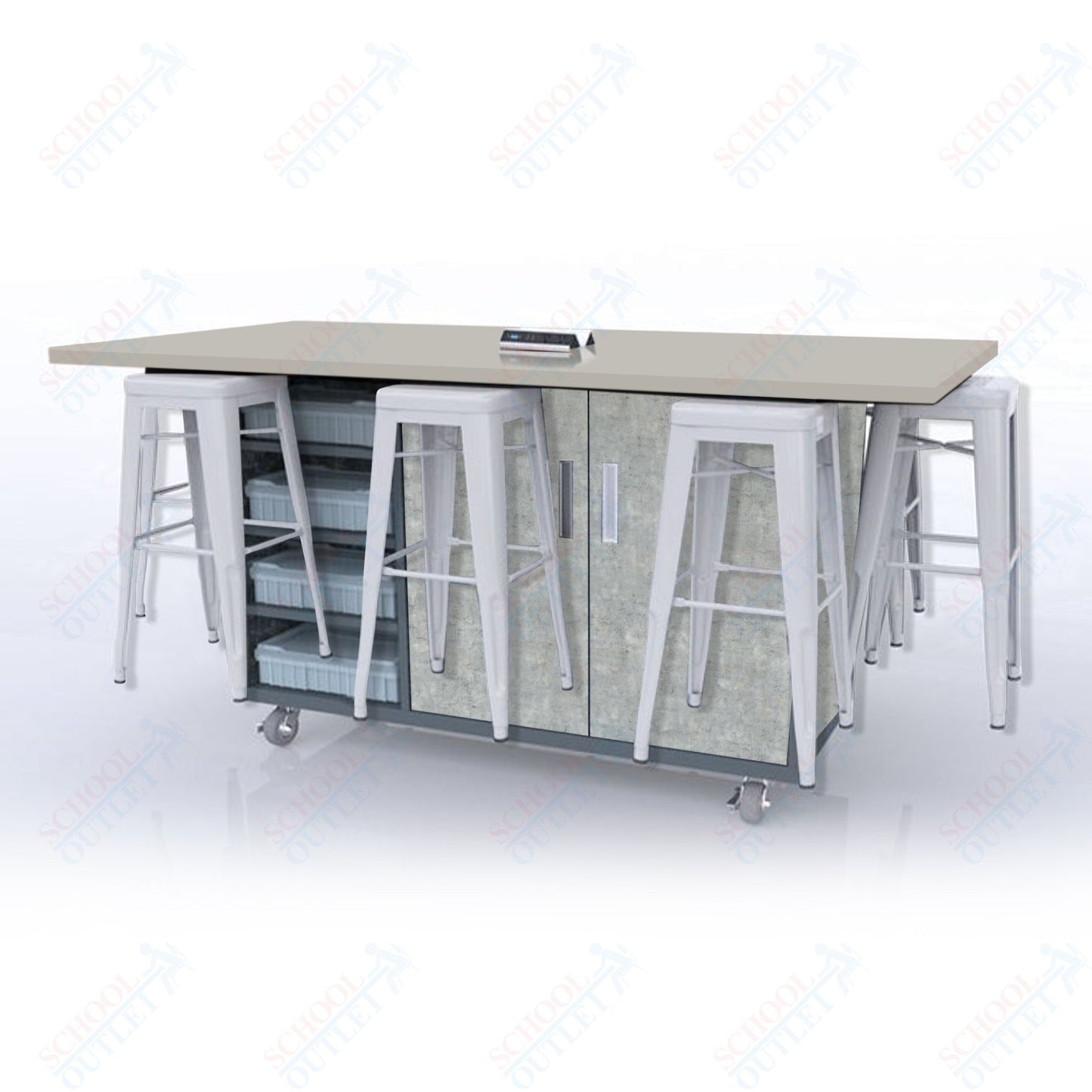CEF ED8 Table 42"H High Pressure Laminate Top, Laminate Base with  8 Stools, Storage bins, and Electrical Outlets Included.