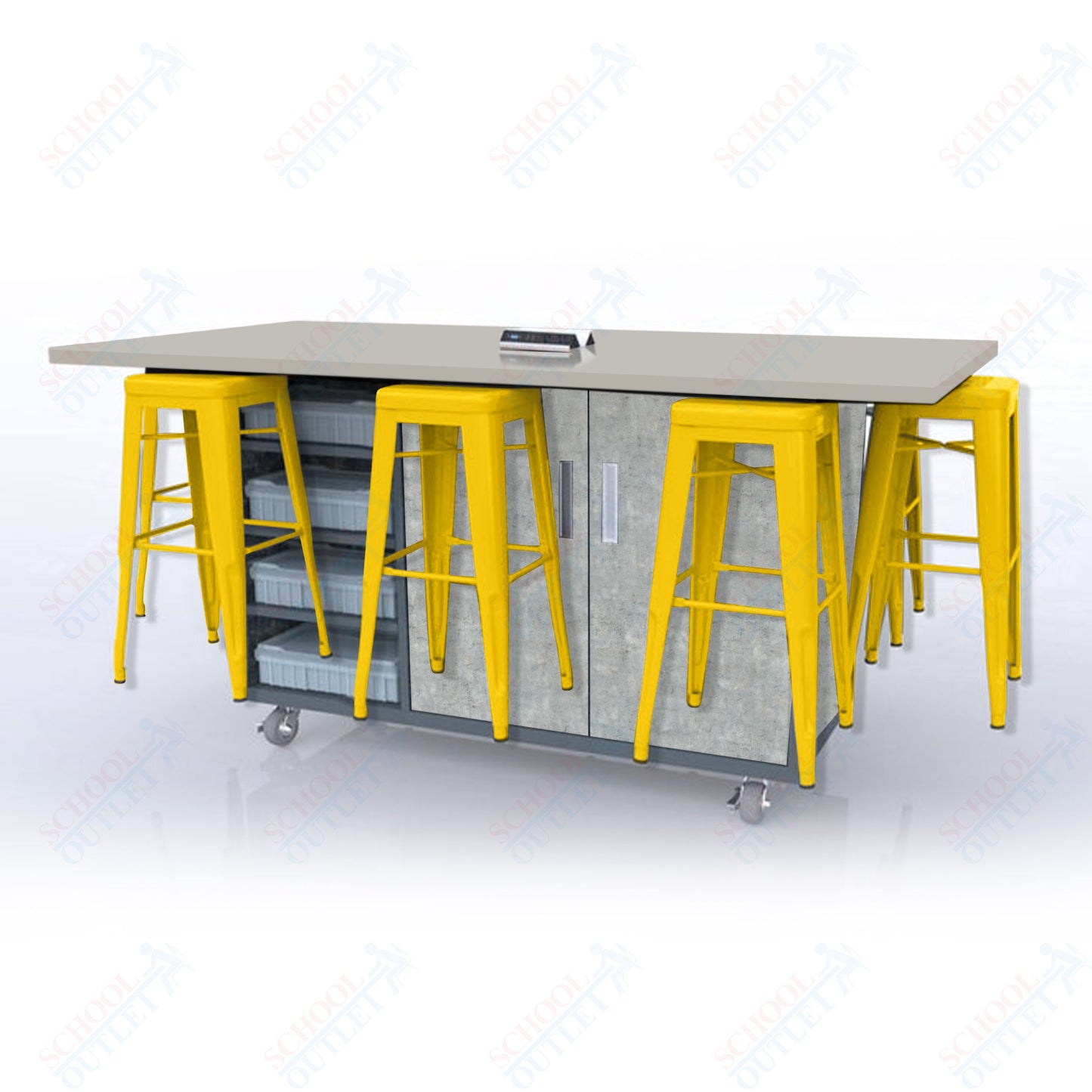 CEF ED8 Table 42"H High Pressure Laminate Top, Laminate Base with  8 Stools, Storage bins, and Electrical Outlets Included.