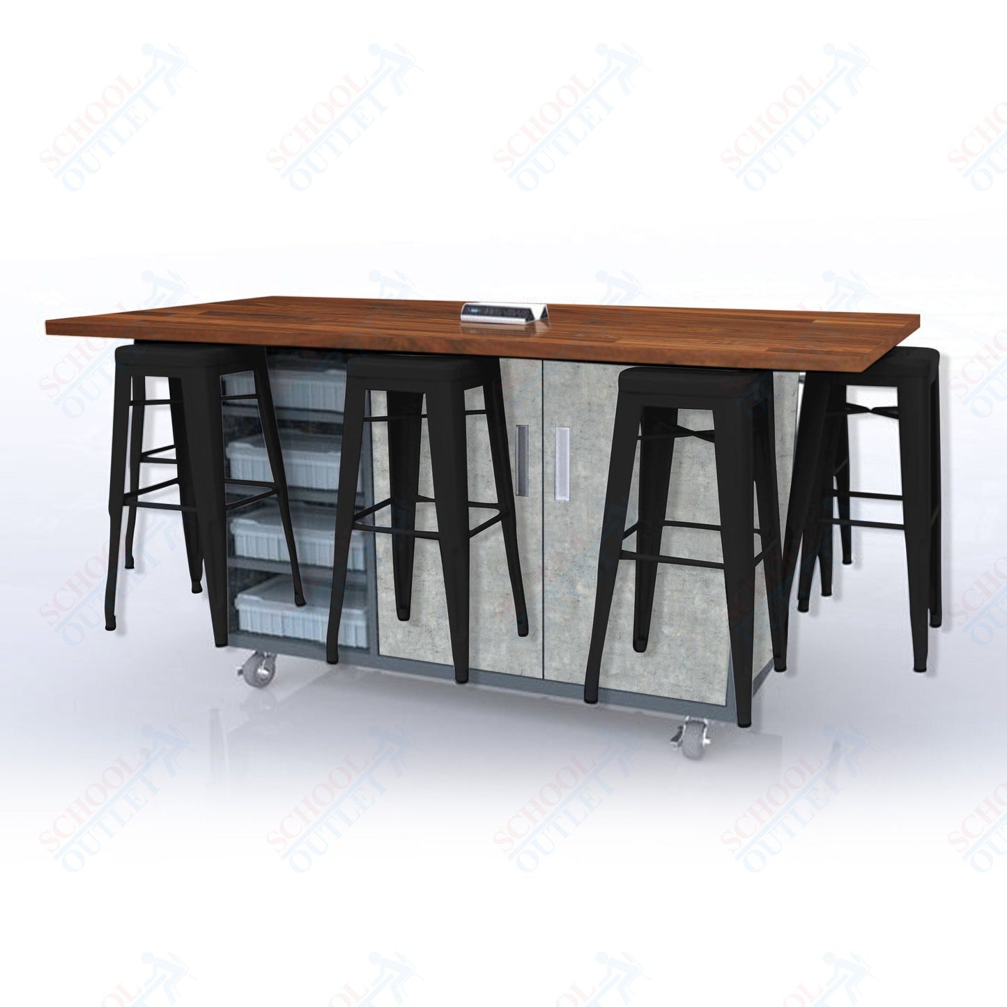 CEF ED8 Table 42"H Butcher Block Top, Laminate Base with 8 Stools, Storage bins, and Electrical Outlets Included.