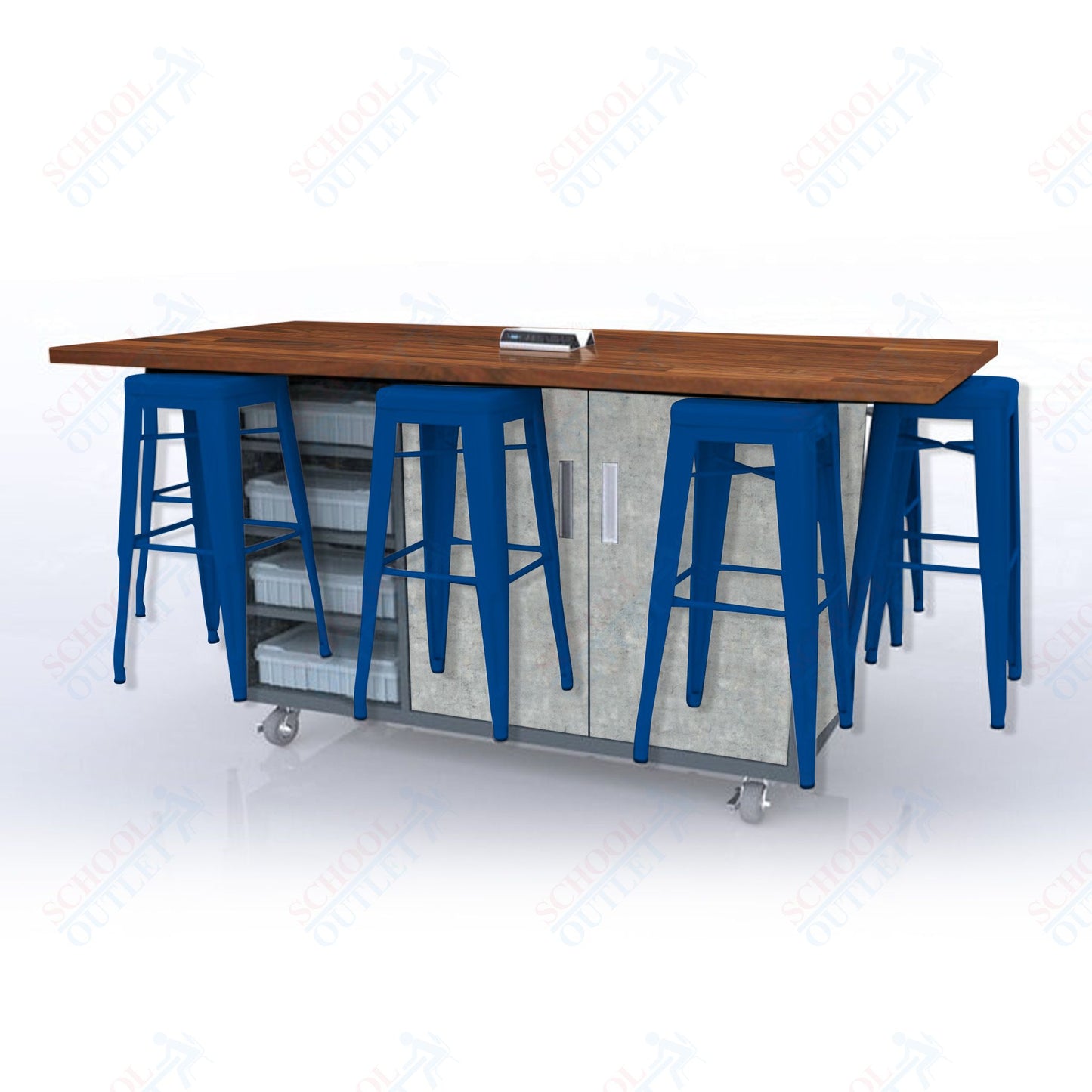 CEF ED8 Table 42"H Butcher Block Top, Laminate Base with 8 Stools, Storage bins, and Electrical Outlets Included.