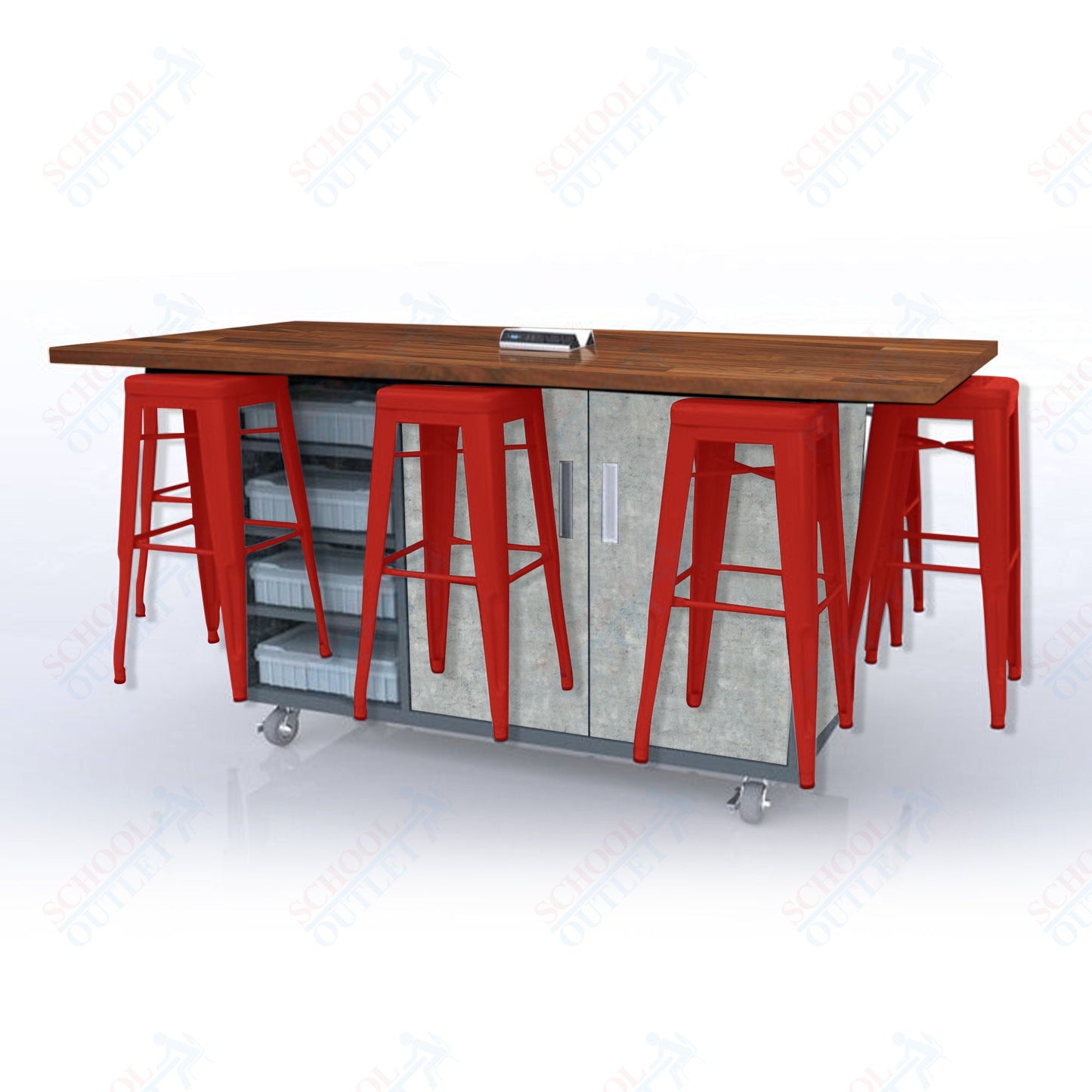 CEF ED8 Table 42"H Butcher Block Top, Laminate Base with 8 Stools, Storage bins, and Electrical Outlets Included.
