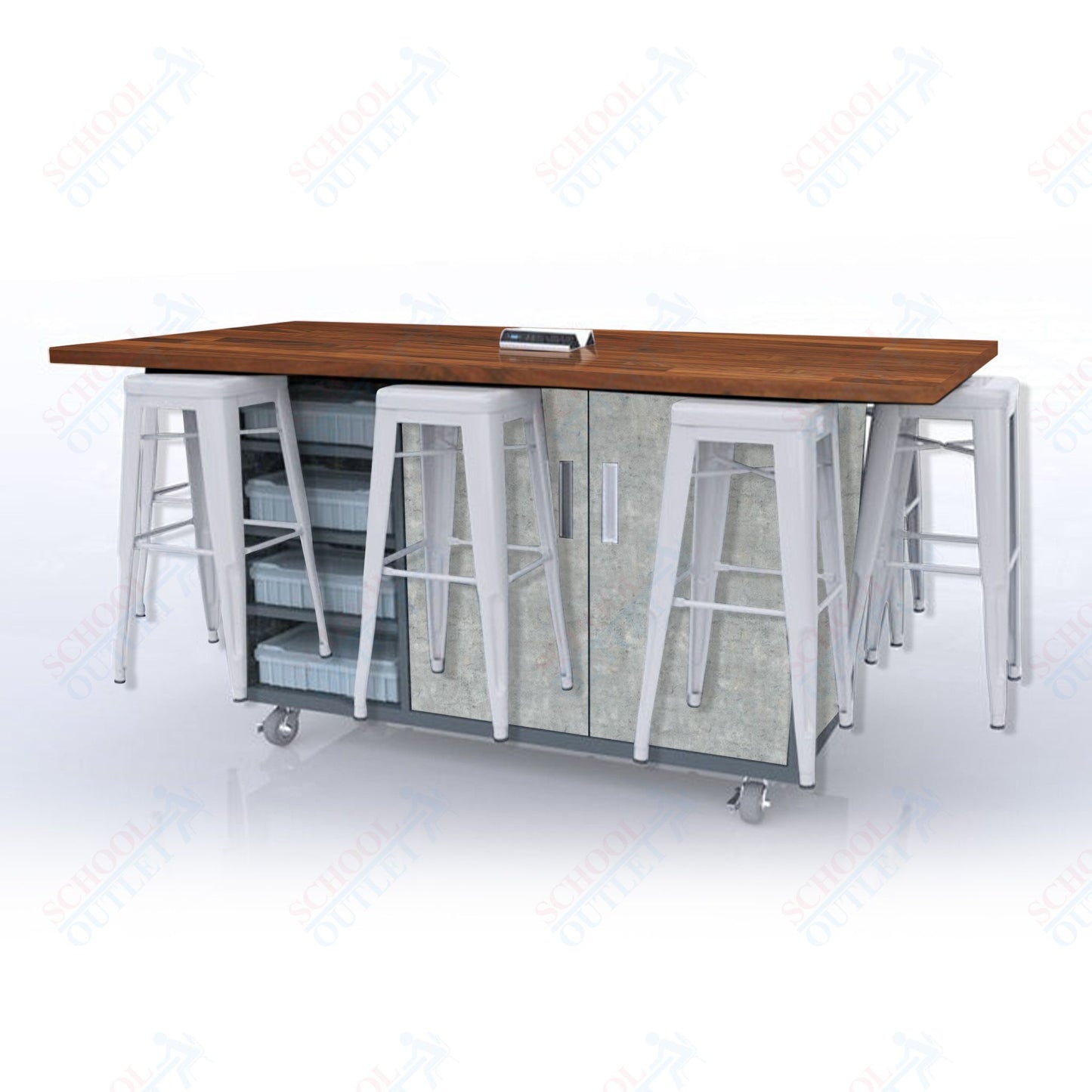 CEF ED8 Table 42"H Butcher Block Top, Laminate Base with 8 Stools, Storage bins, and Electrical Outlets Included.