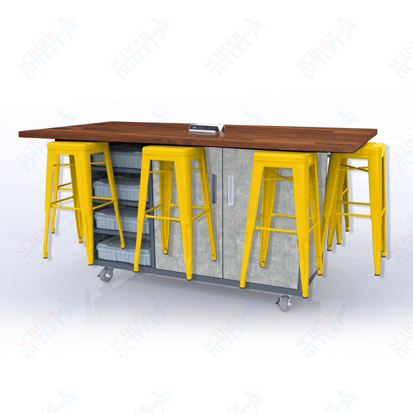 CEF ED8 Table 42"H Butcher Block Top, Laminate Base with 8 Stools, Storage bins, and Electrical Outlets Included.