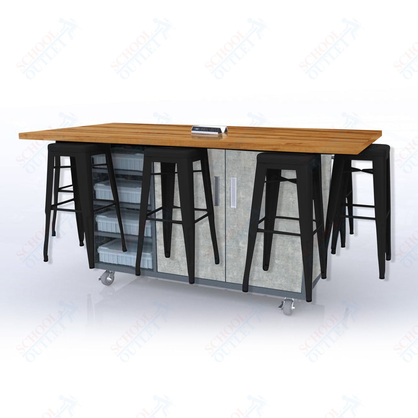 CEF ED8 Table 42"H Butcher Block Top, Laminate Base with 8 Stools, Storage bins, and Electrical Outlets Included.