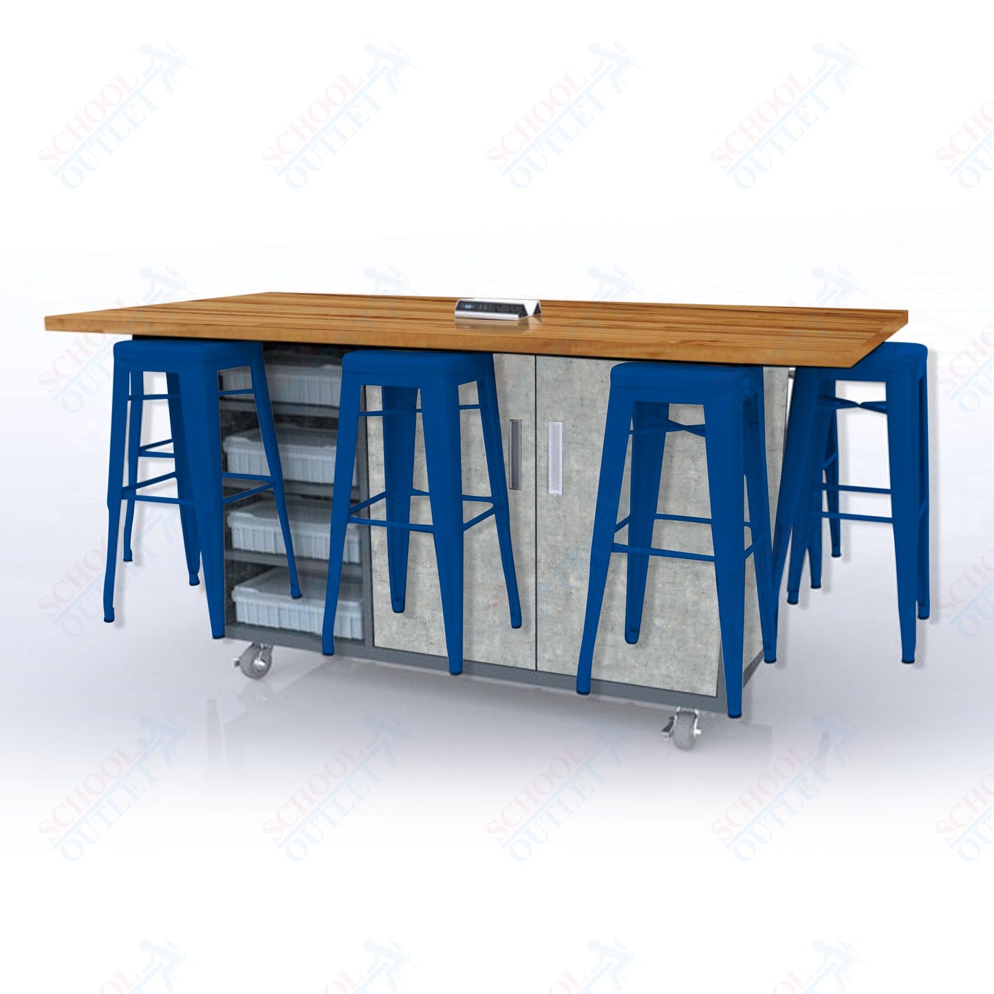 CEF ED8 Table 42"H Butcher Block Top, Laminate Base with 8 Stools, Storage bins, and Electrical Outlets Included.