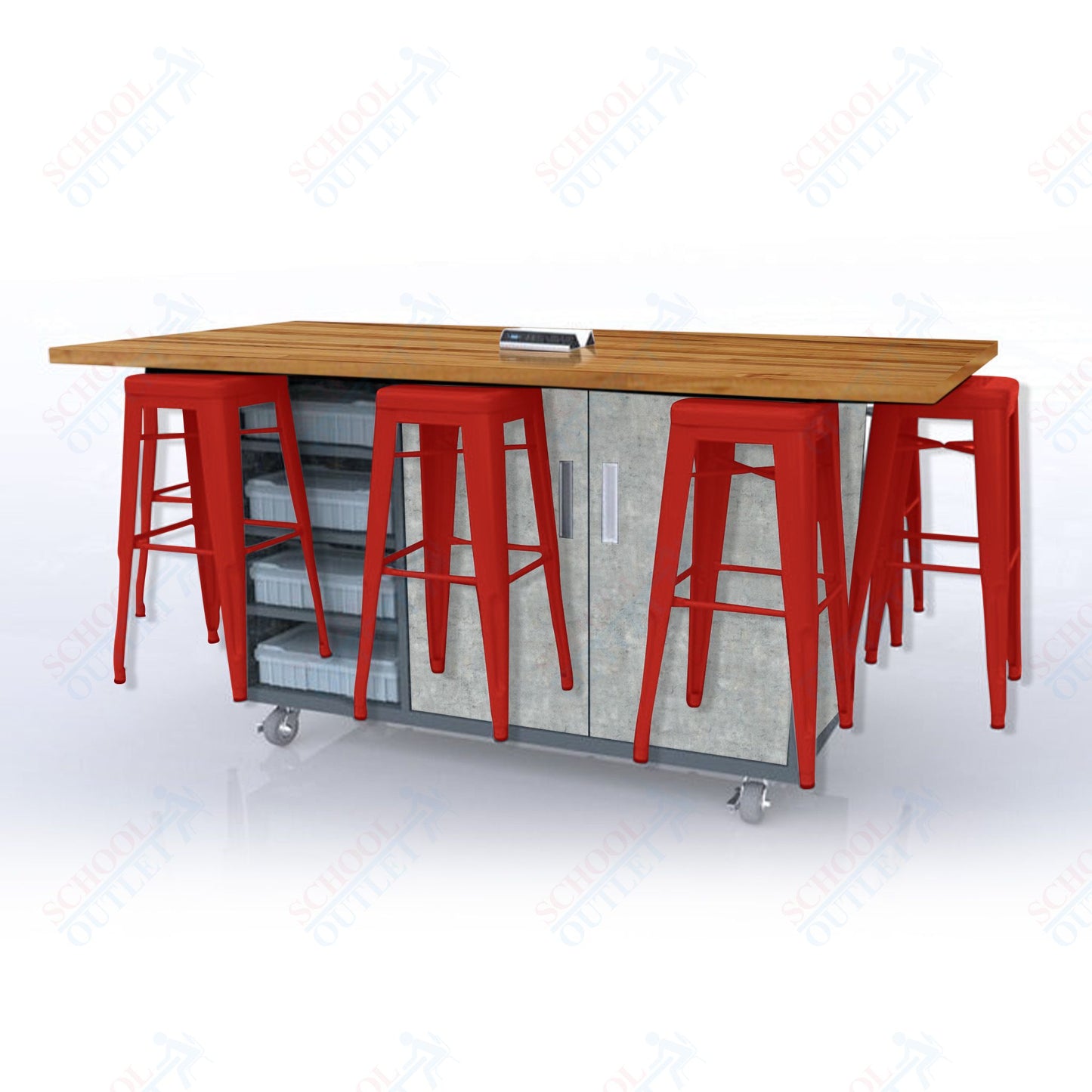 CEF ED8 Table 42"H Butcher Block Top, Laminate Base with 8 Stools, Storage bins, and Electrical Outlets Included.