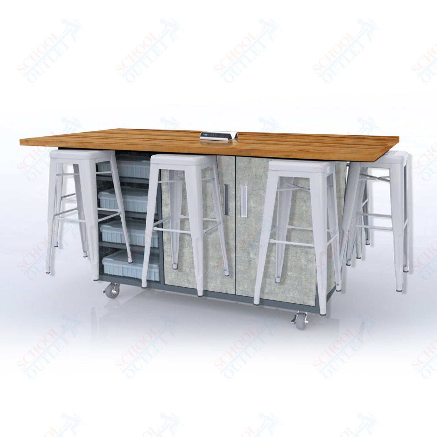CEF ED8 Table 42"H Butcher Block Top, Laminate Base with 8 Stools, Storage bins, and Electrical Outlets Included.