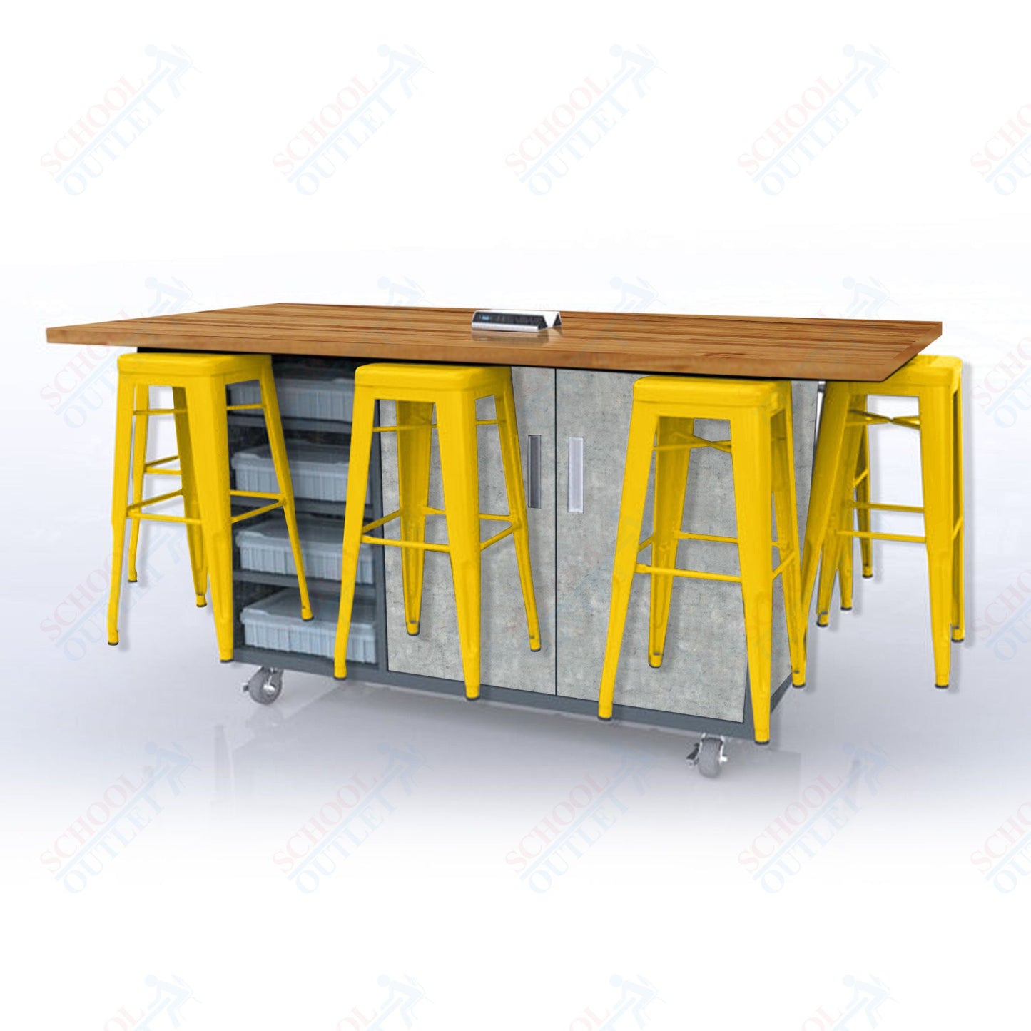CEF ED8 Table 42"H Butcher Block Top, Laminate Base with 8 Stools, Storage bins, and Electrical Outlets Included.