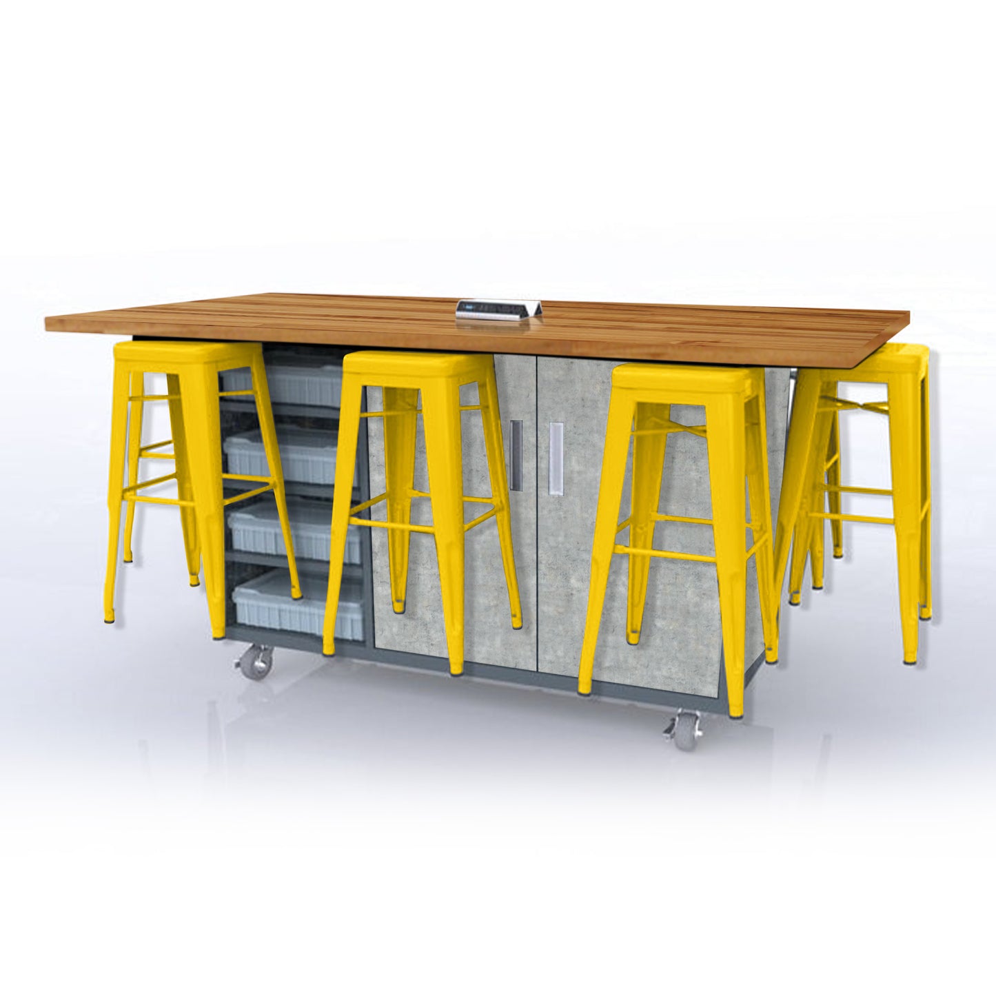 CEF ED8 Table 42"H Butcher Block Top, Laminate Base with 8 Stools, Storage bins, and Electrical Outlets Included.