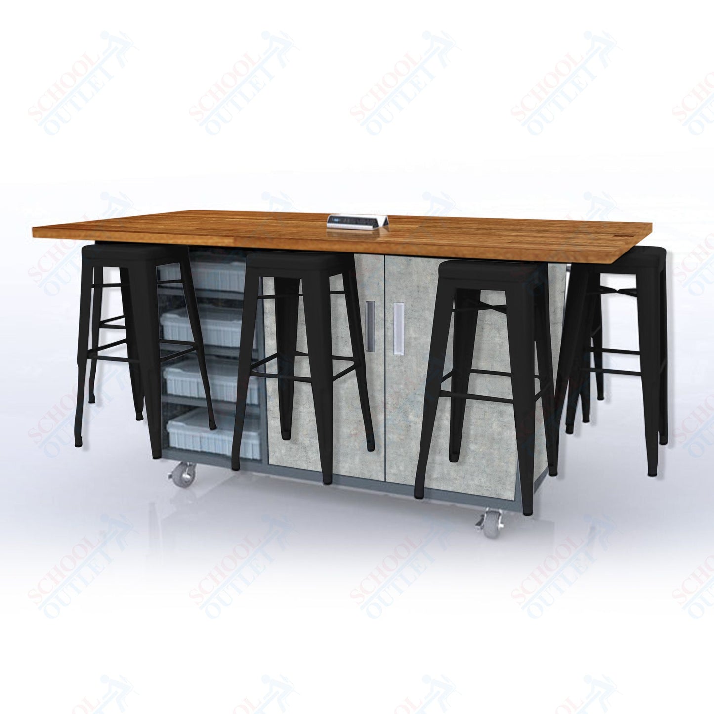 CEF ED8 Table 42"H Butcher Block Top, Laminate Base with 8 Stools, Storage bins, and Electrical Outlets Included.