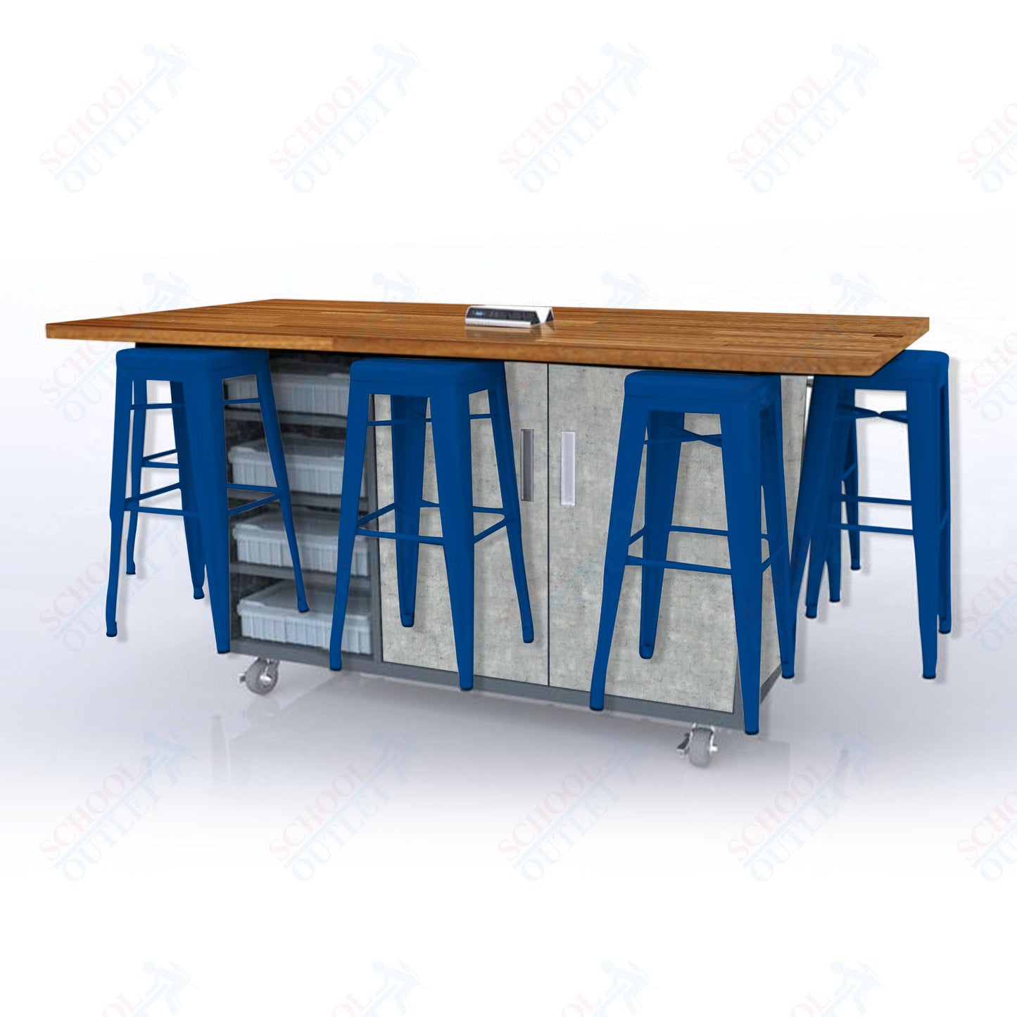 CEF ED8 Table 42"H Butcher Block Top, Laminate Base with 8 Stools, Storage bins, and Electrical Outlets Included.