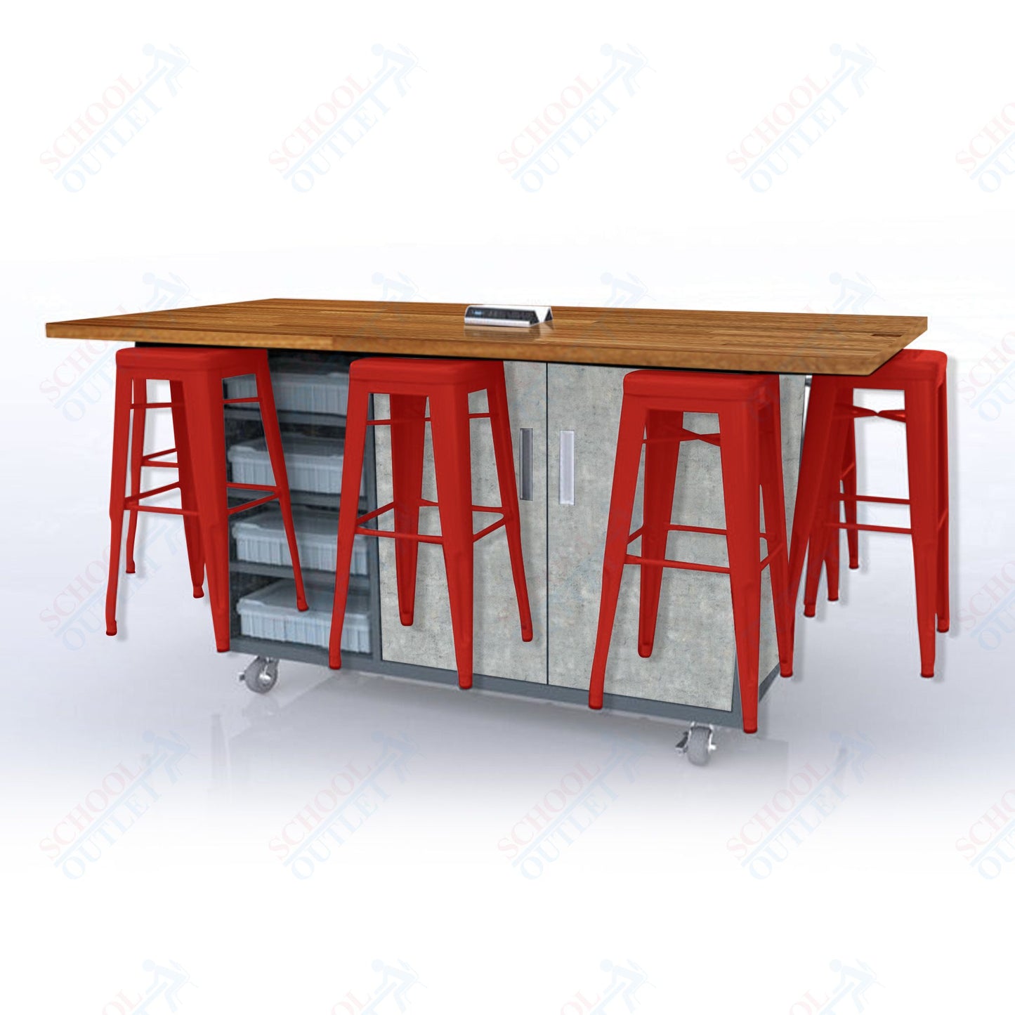 CEF ED8 Table 42"H Butcher Block Top, Laminate Base with 8 Stools, Storage bins, and Electrical Outlets Included.