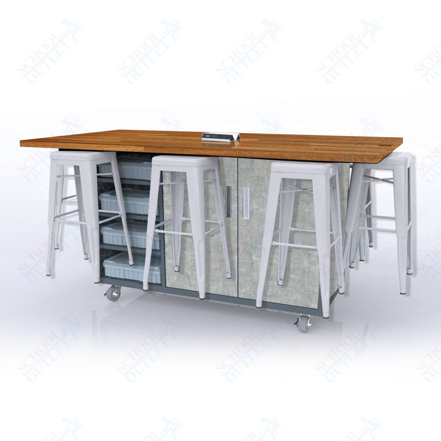 CEF ED8 Table 42"H Butcher Block Top, Laminate Base with 8 Stools, Storage bins, and Electrical Outlets Included.