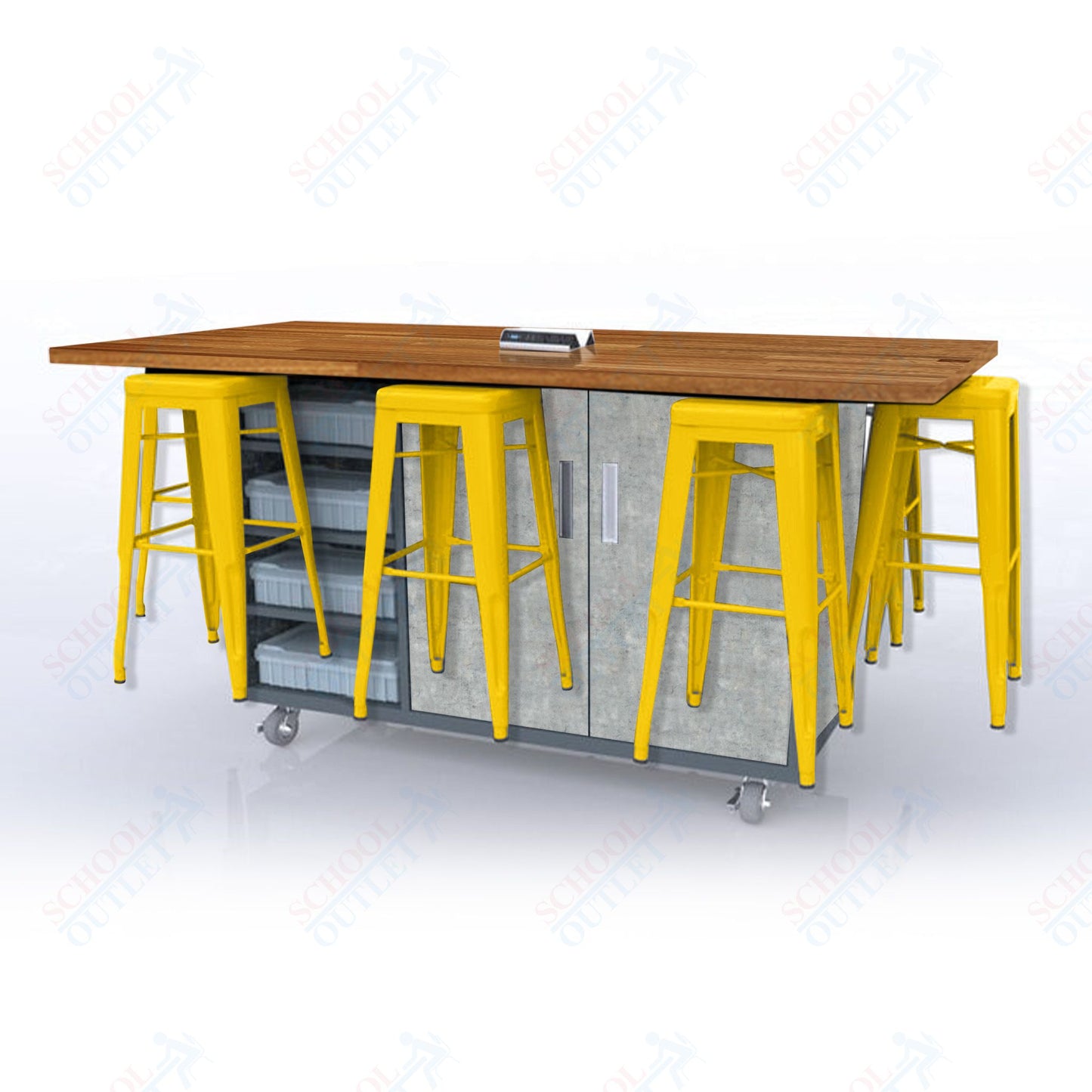 CEF ED8 Table 42"H Butcher Block Top, Laminate Base with 8 Stools, Storage bins, and Electrical Outlets Included.