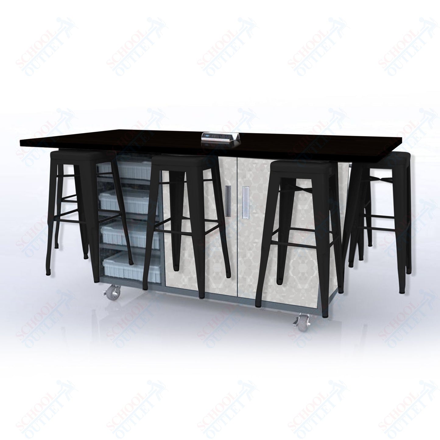 CEF ED8 Table 42"H High Pressure Laminate Top, Laminate Base with  8 Stools, Storage bins, and Electrical Outlets Included.