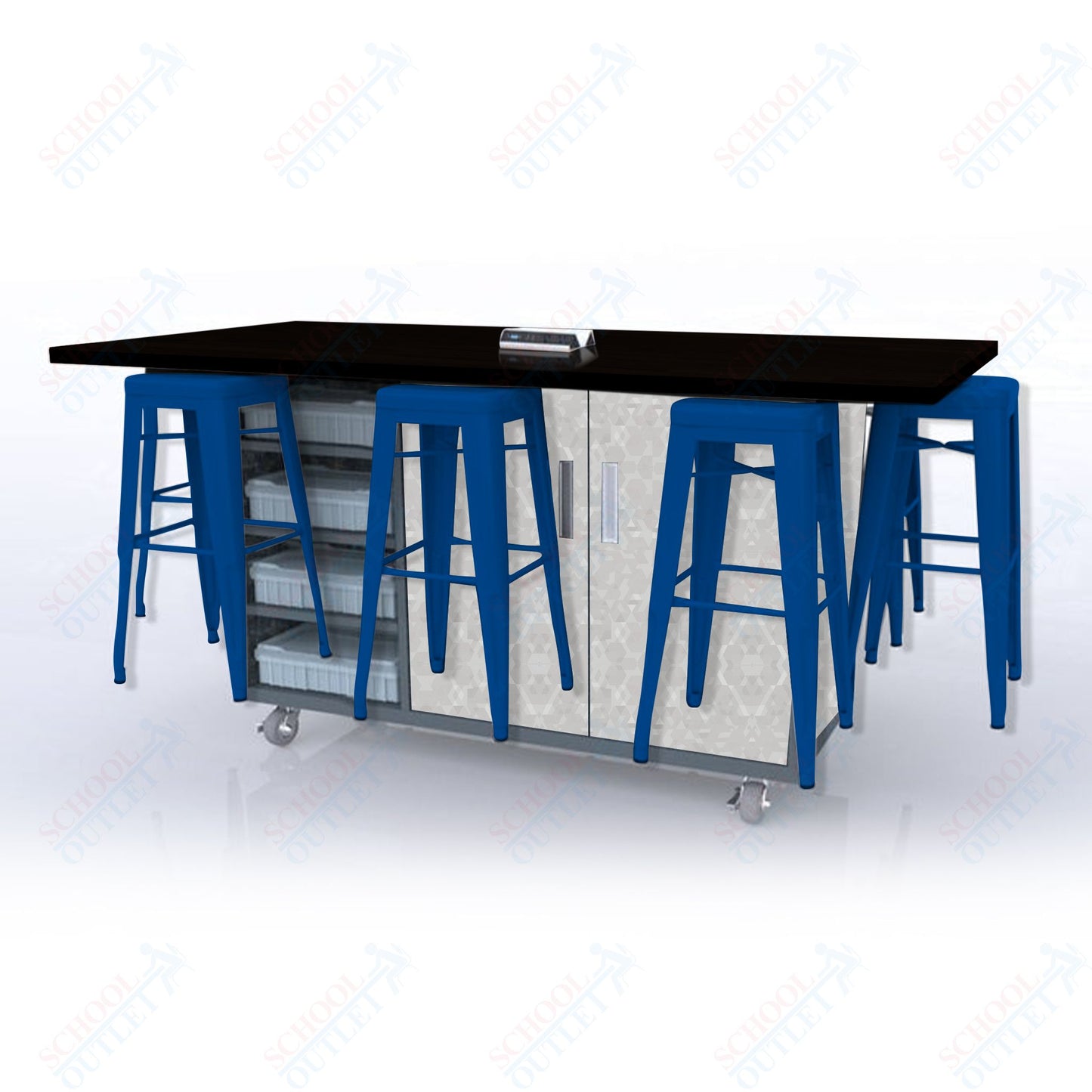 CEF ED8 Table 42"H High Pressure Laminate Top, Laminate Base with  8 Stools, Storage bins, and Electrical Outlets Included.