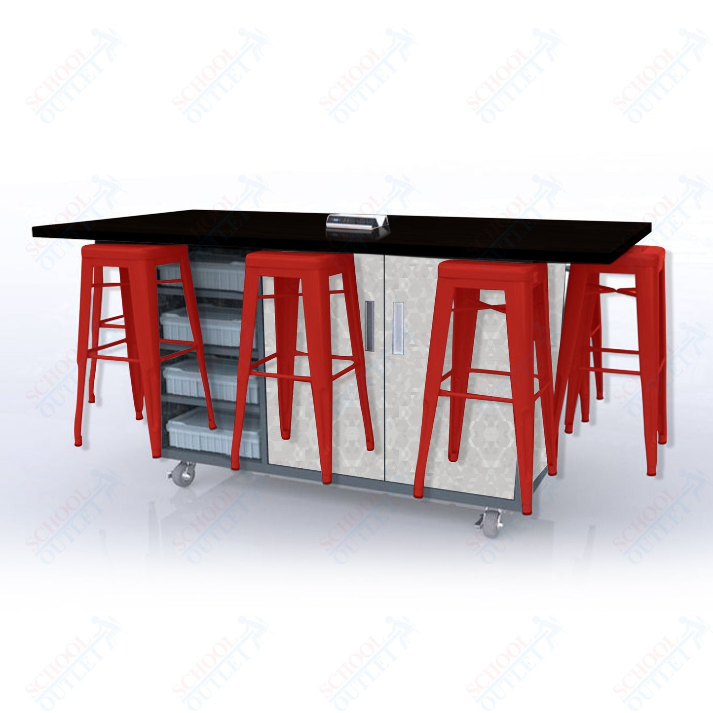 CEF ED8 Table 42"H High Pressure Laminate Top, Laminate Base with  8 Stools, Storage bins, and Electrical Outlets Included.
