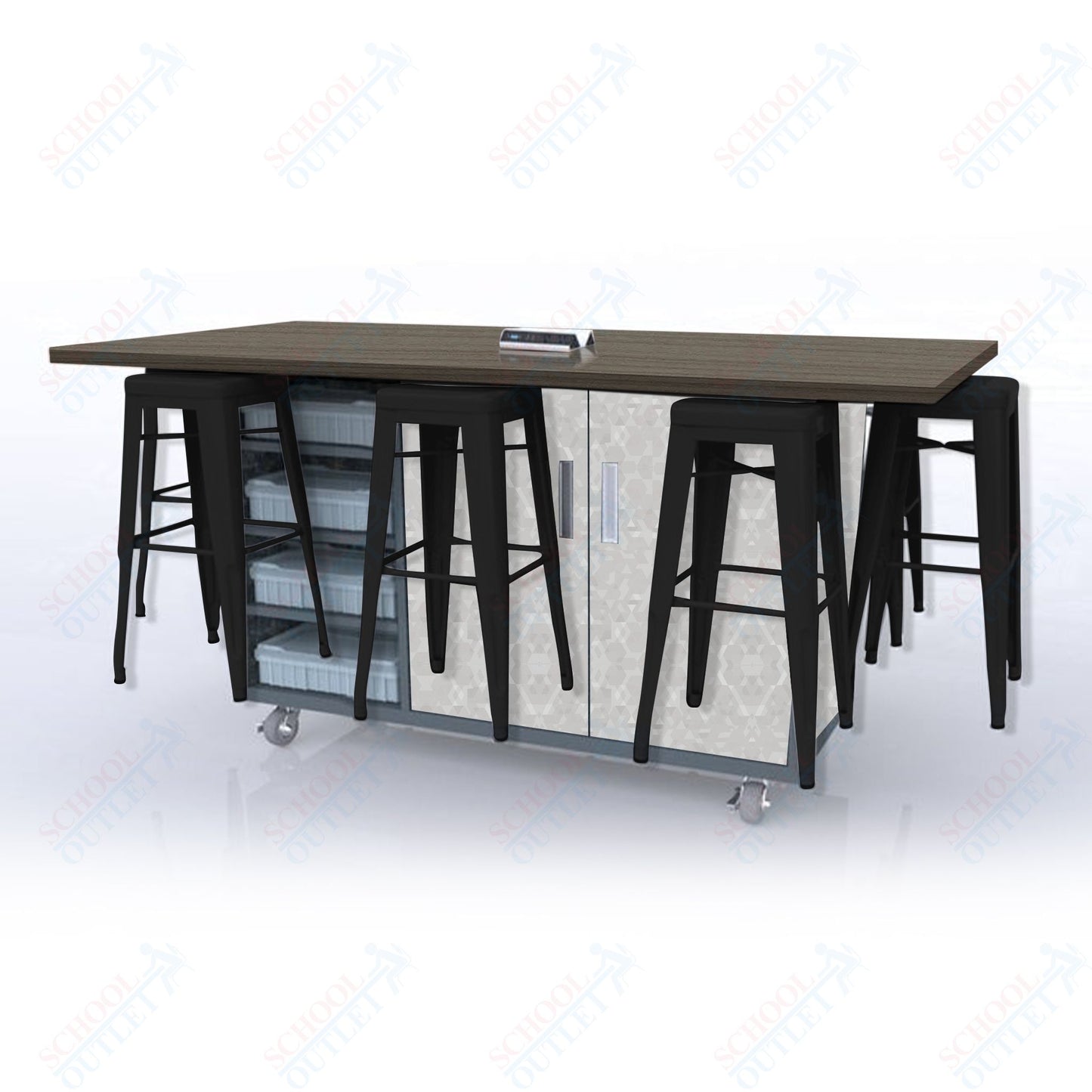 CEF ED8 Table 42"H High Pressure Laminate Top, Laminate Base with  8 Stools, Storage bins, and Electrical Outlets Included.