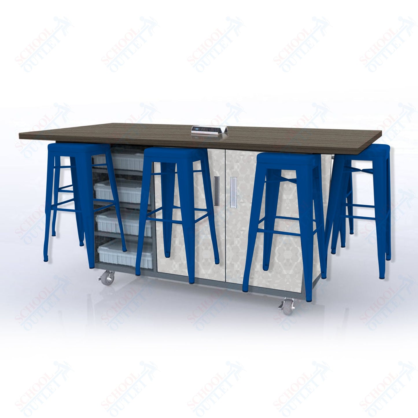 CEF ED8 Table 42"H High Pressure Laminate Top, Laminate Base with  8 Stools, Storage bins, and Electrical Outlets Included.