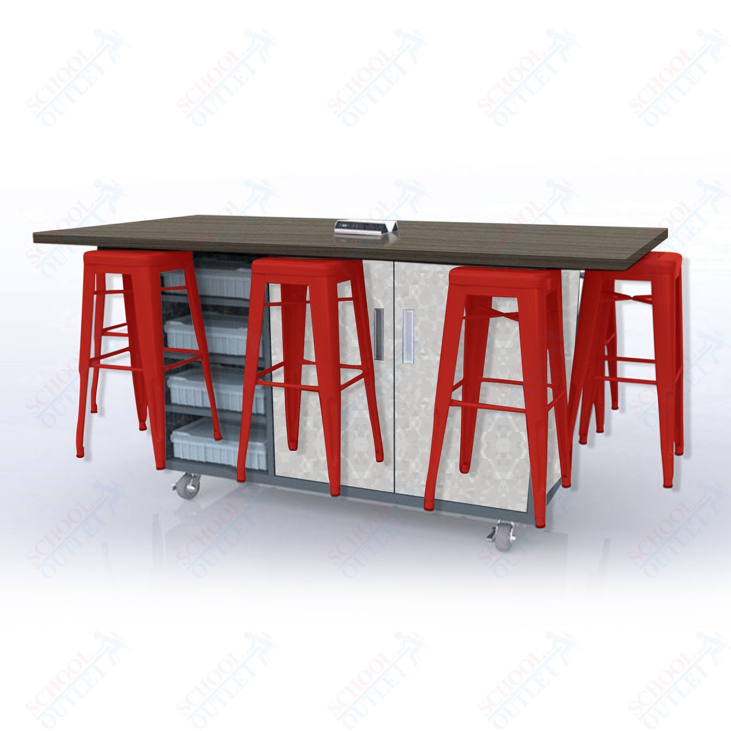 CEF ED8 Table 42"H High Pressure Laminate Top, Laminate Base with  8 Stools, Storage bins, and Electrical Outlets Included.